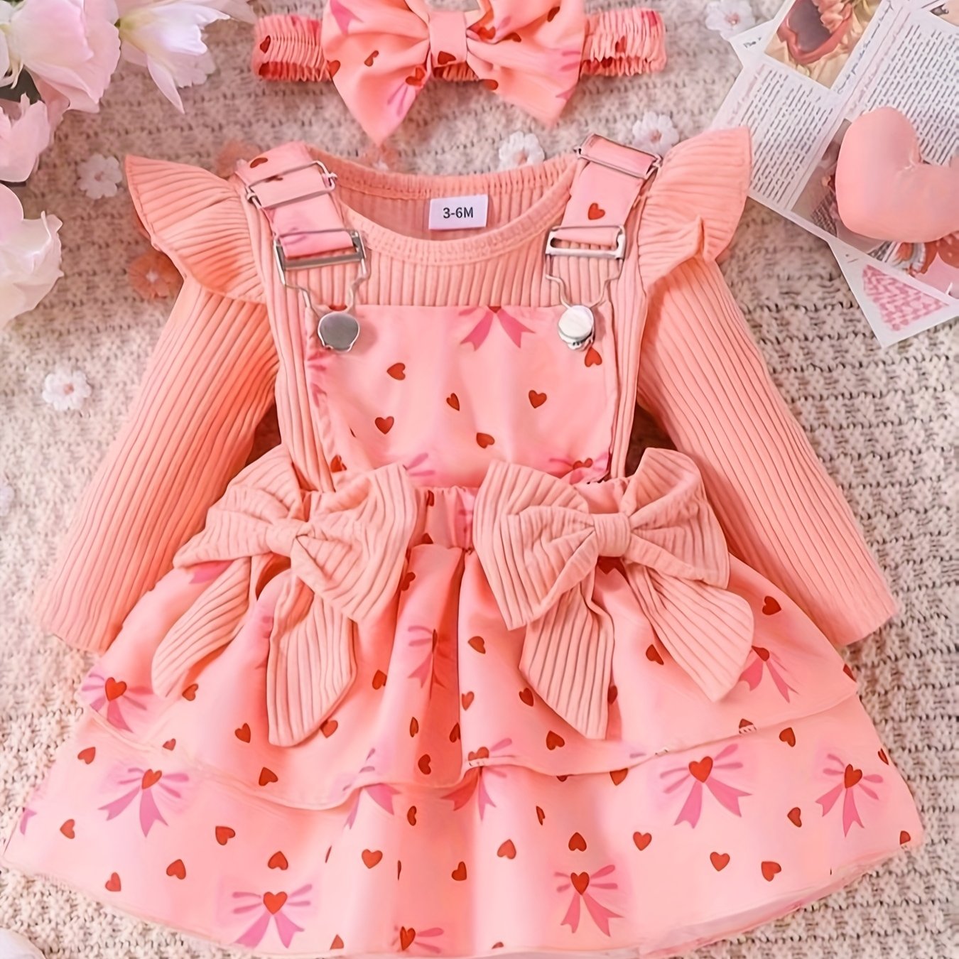 Image of Girl's Pink Top + Bow Heart Strappy Skirt + Hair Accessory Three-piece Set P101687,christmas,halloween
