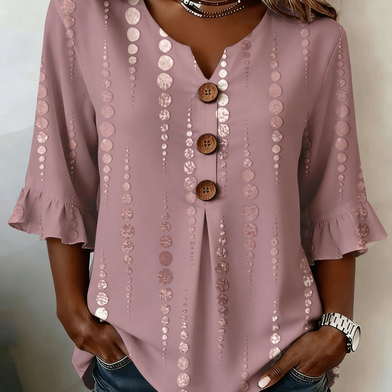 Image of Plus Size - Plus Size - Plus Size Women's V-neck Button Style Autumn Fabric Light Pink Polka Dot Printed Casual Top, Suitable For Daily Wear