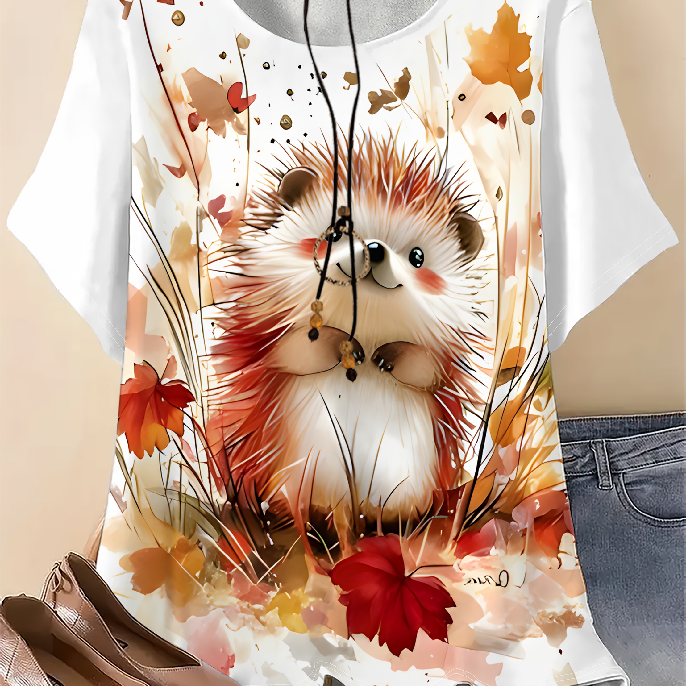 TEMU Plus Size - Plus Size - Plus Size, Cute Hedgehog And Autumn Leaf Print T-shirt For Women - A Soft, Stretchy, Round-neck Short-sleeve Summer Top