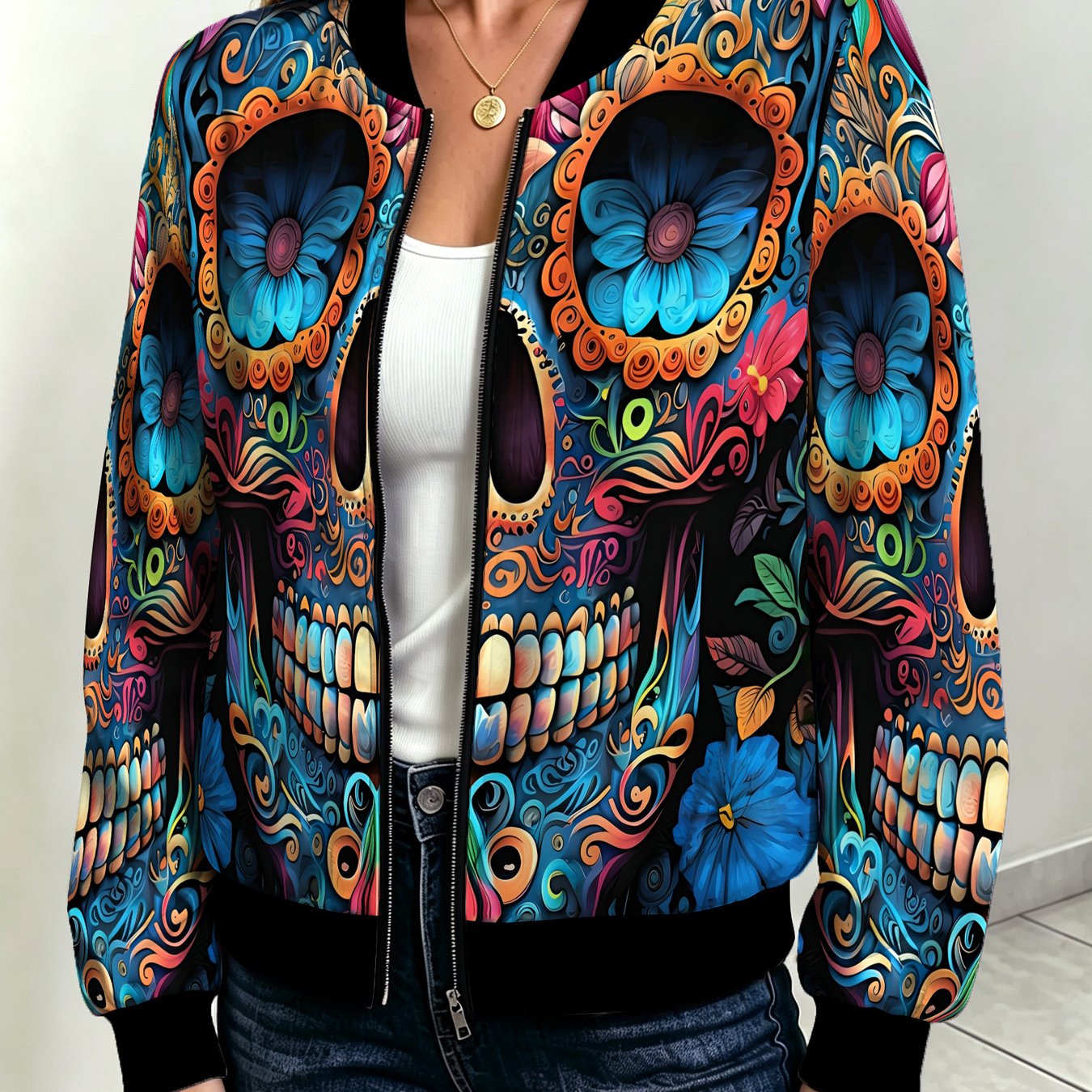 TEMU Women's Autumn Winter Jacket, Mexican Style Painted Skull Floral Jacket, Loose Casual Long Sleeve Cardigan Street Trendy Coat [printed Design -