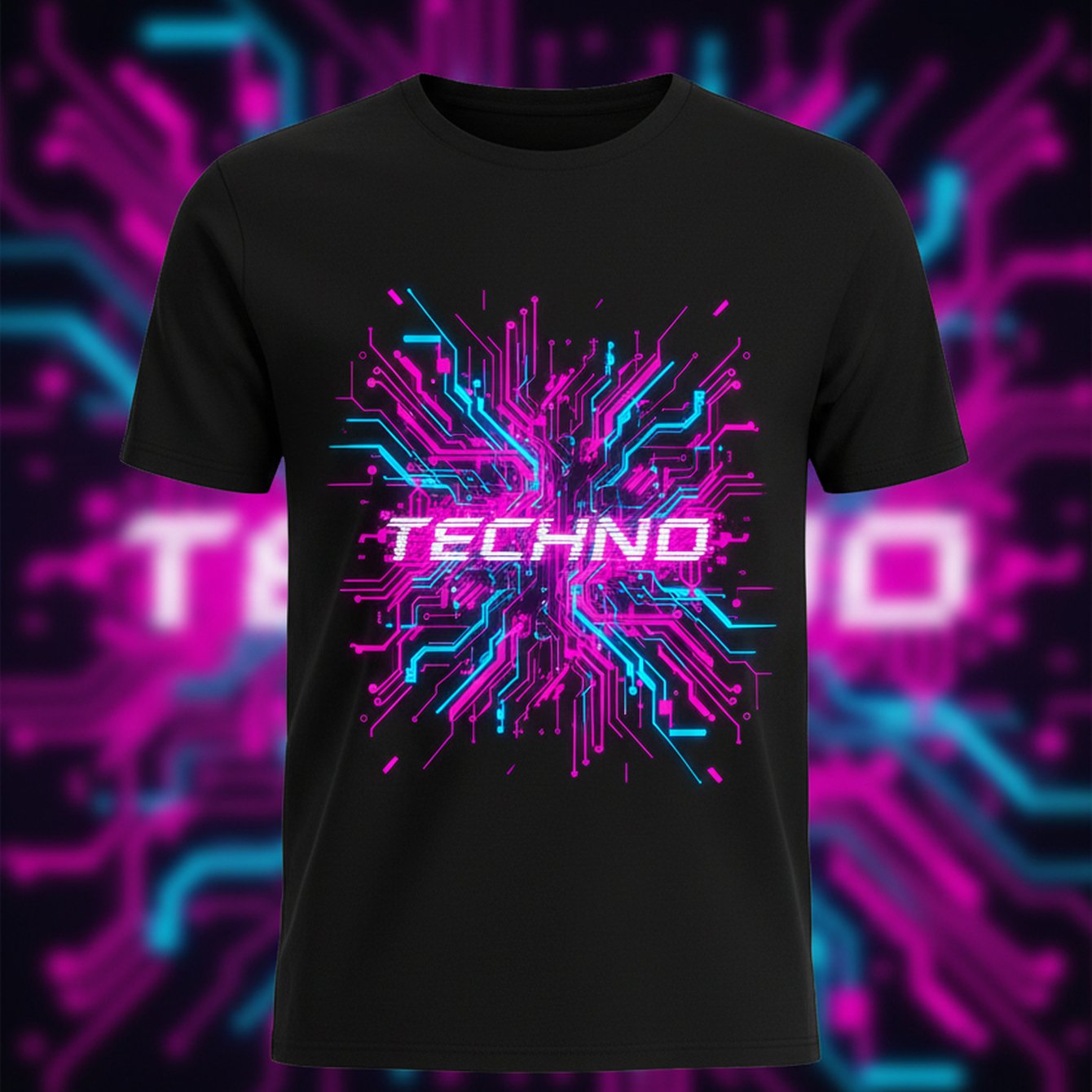 Abstract Techno Rave Vibes T-shirt - Edm Music Apparel, Black 100%, Neon Sound Waves