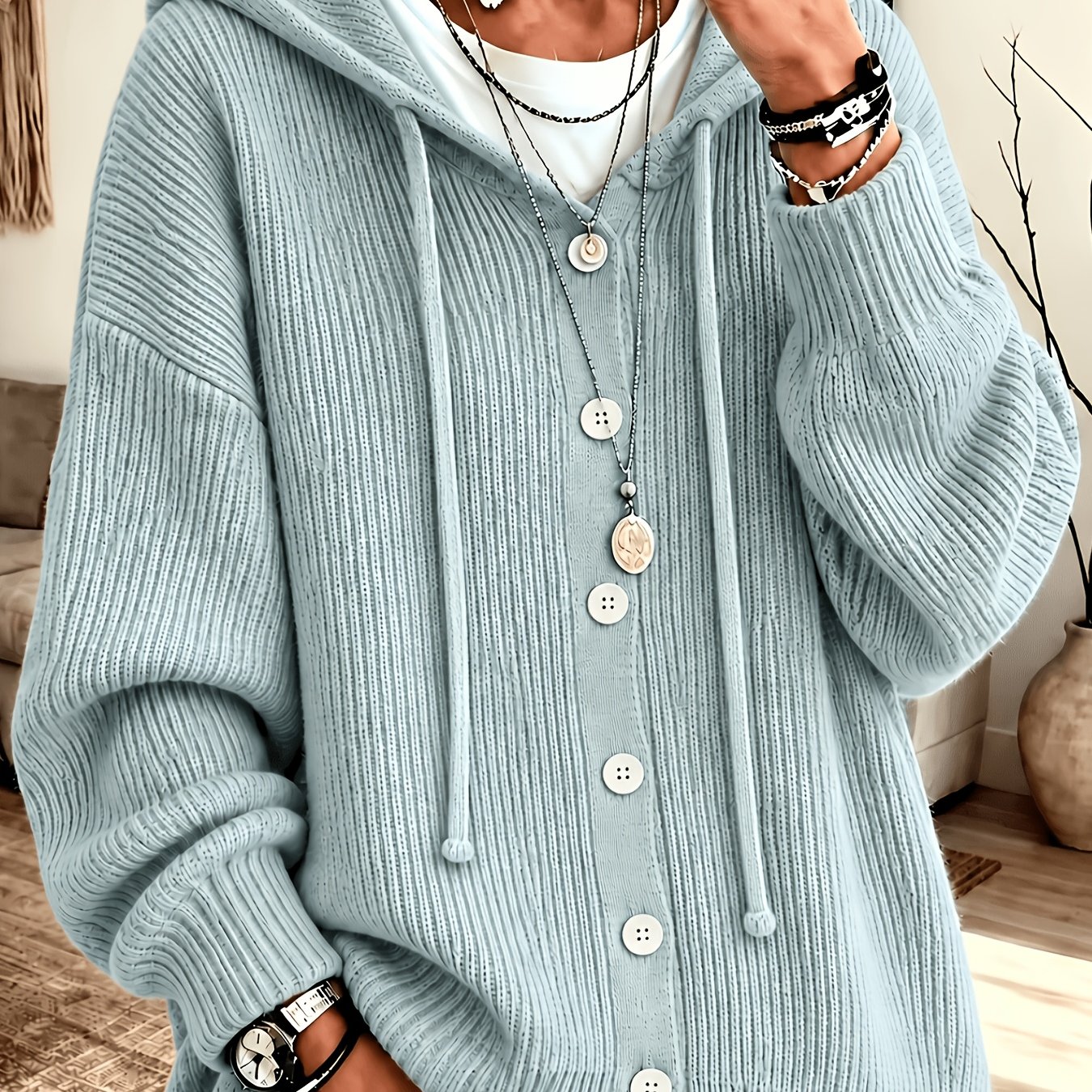 Image of Autumn And Winter Hooded Cardigan, Solid Color Casual Easy Button-up Sweater, Soft And Comfortable Elegant Women's Clothing
