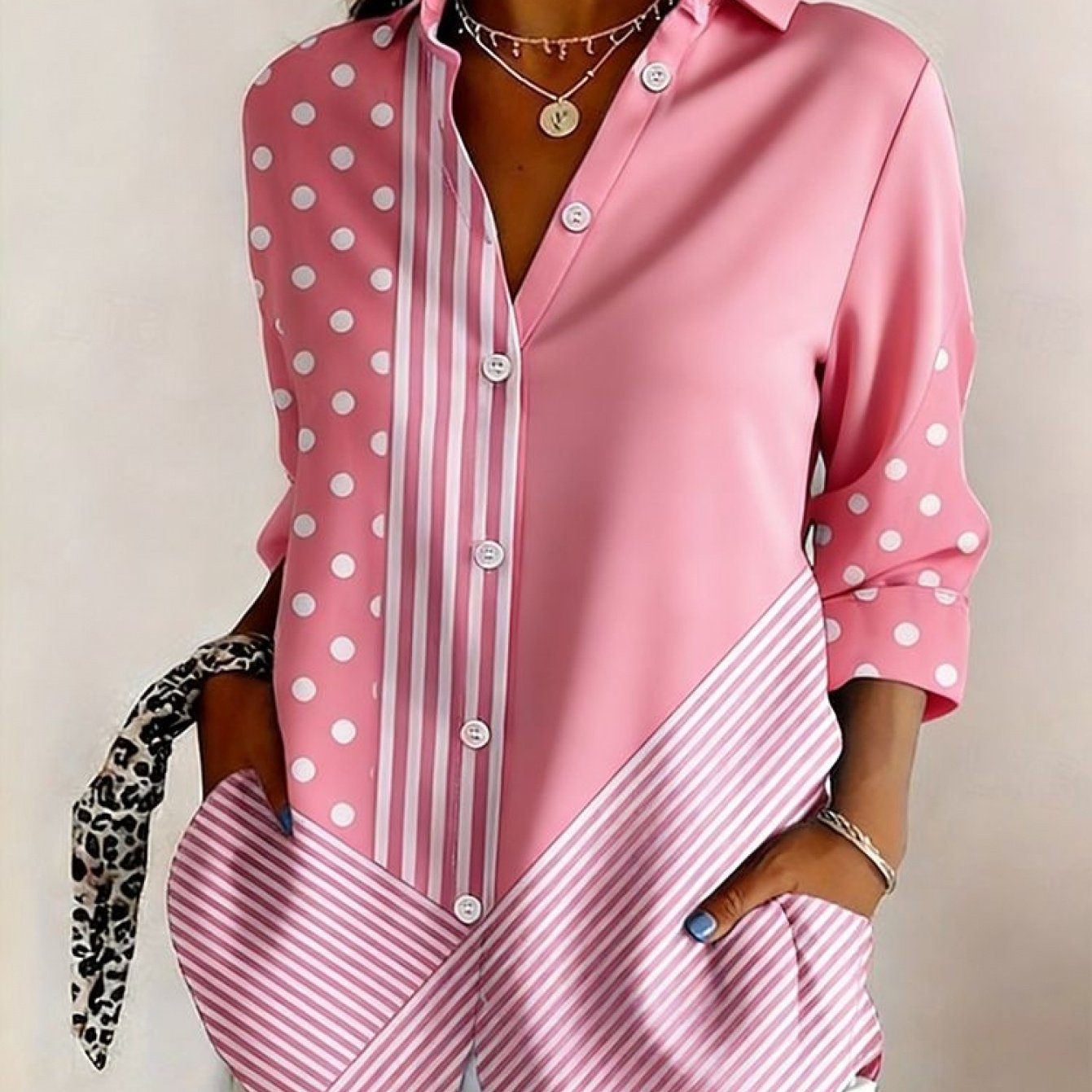 TEMU Elegant Pink White Polka Dot Shirt Casual Women Long Sleeve Top