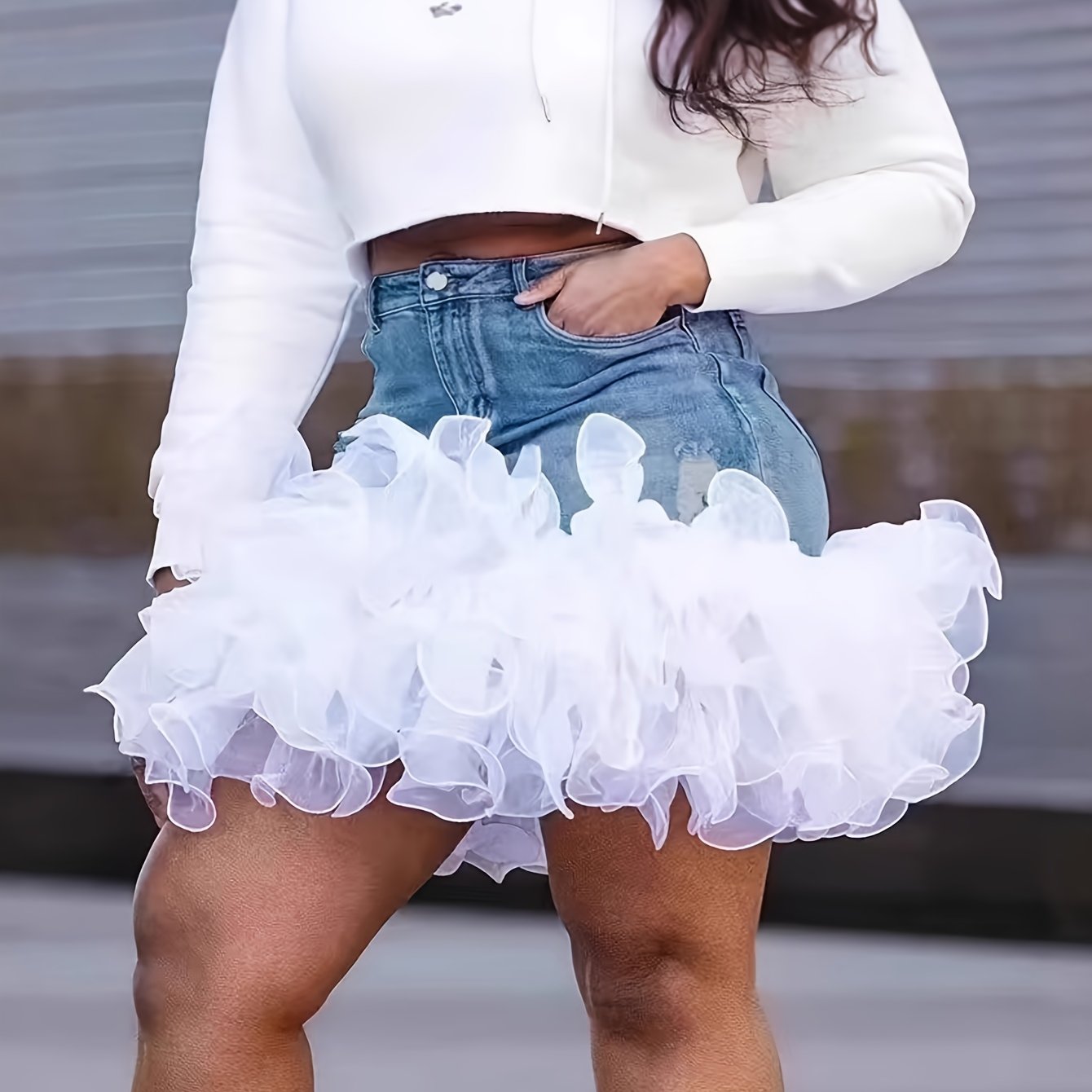 Women's Summer Denim Bodycon Skirt, Short Length With Chiffon Panel Inserts, Mid-rise In Non-stretch Washed Denim, Sexy & Elegant