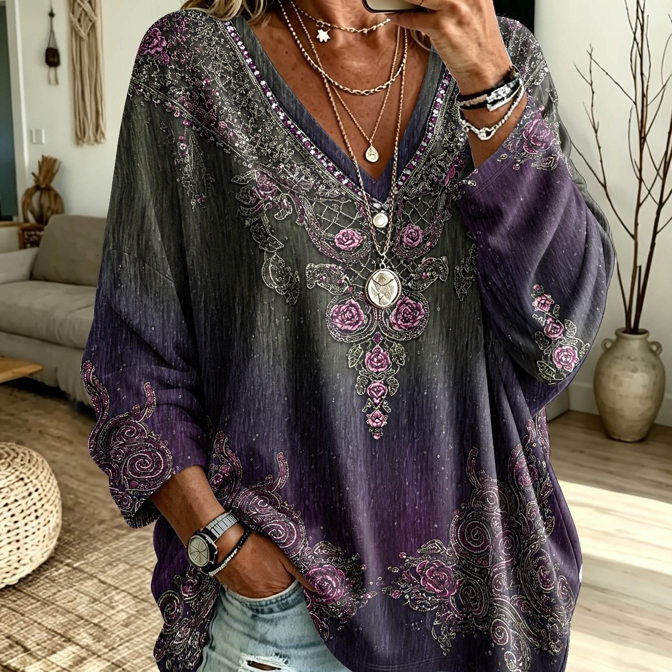 TEMU Plus Size, Plus Size Women's Gradient Rose Paisley Print V-neck Long Sleeve Pullover Loose , No Accessories