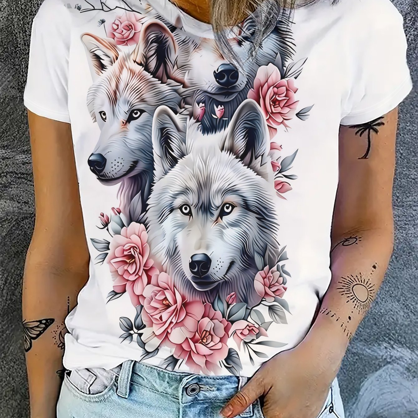 TEMU Summer Women's Short-sleeve T-shirt, Featuring 3 Wolf Heads Surrounded By Pink Flowers With Bright Eyes, Exquisite And Beautiful Print. Made Of