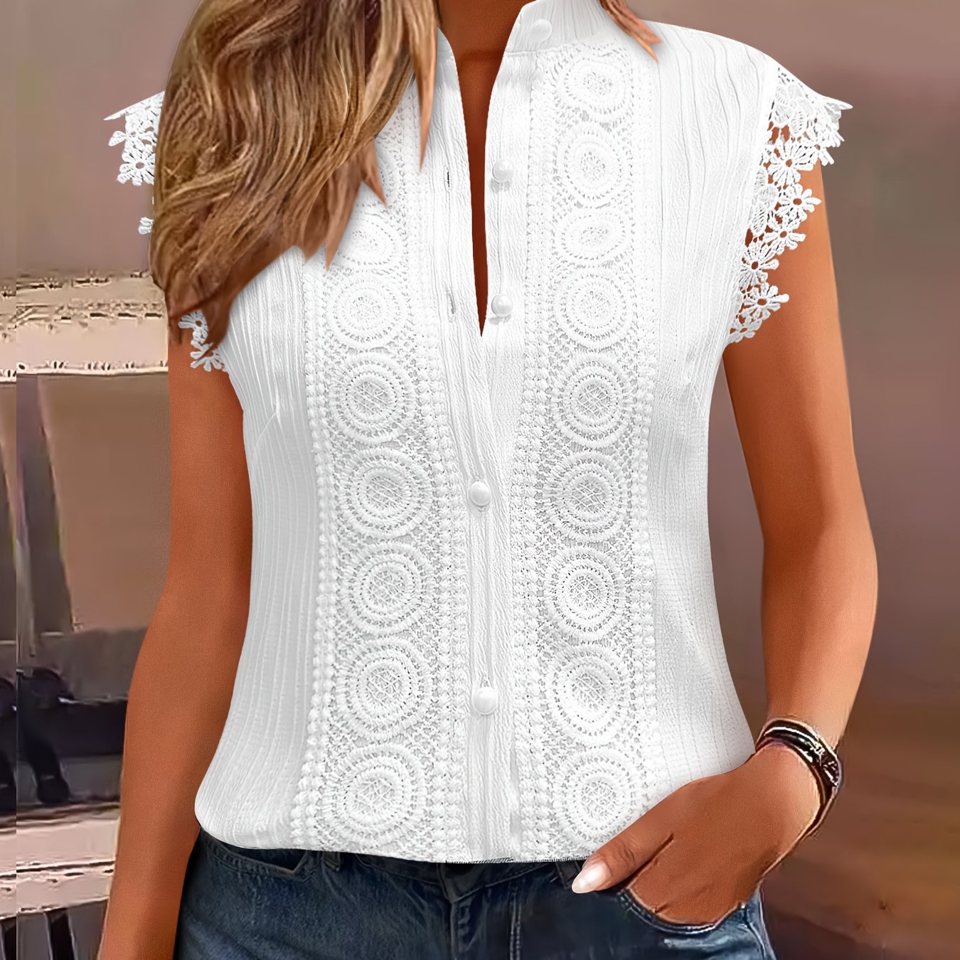Targeted Development Summer Solid Color Stand Collar Wave Stripe Button Sleeveless Lace Fashion Elegant Women's Blouse Top