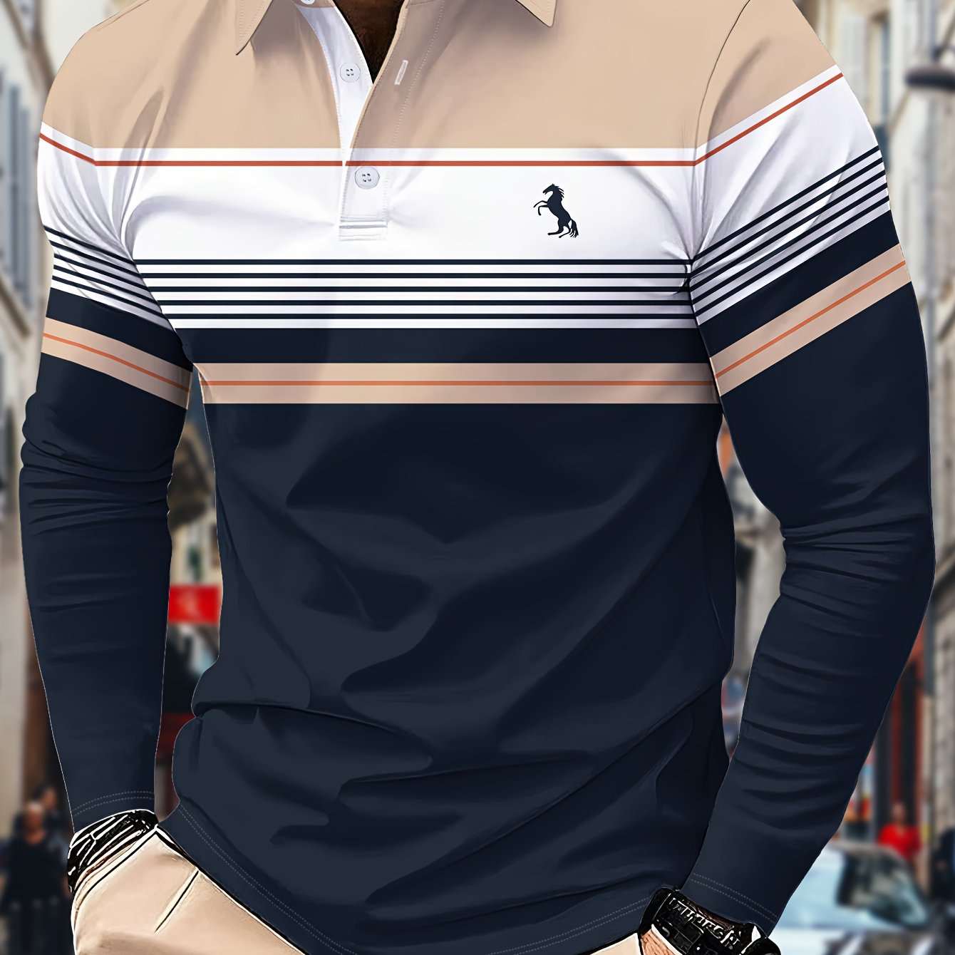 Men's Long Sleeve Shirt, Contrast Block Theme Collar Top, 3d Casual Striped Pattern, Suitable For All Adult Men And Teenager Boys