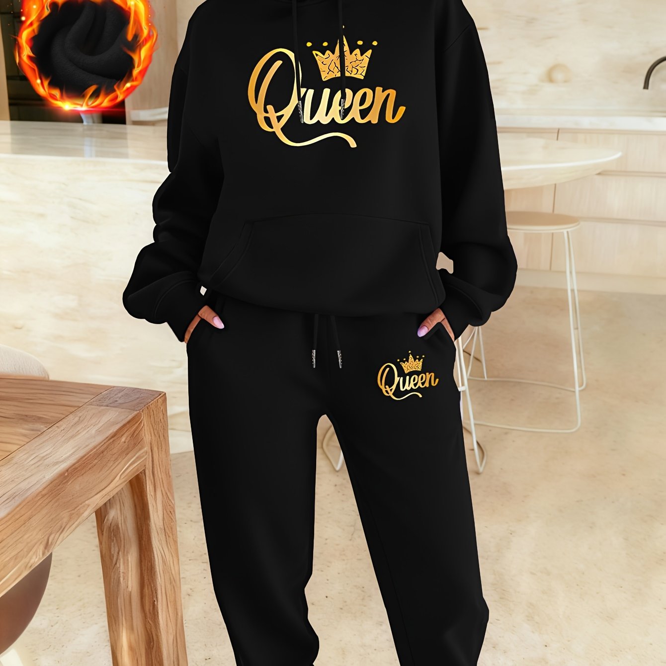 TEMU Women's Autumn And Winter Clothing Set Featuring Letter Prints, Casual Fleece-lined Hoodies, And Sweatpants