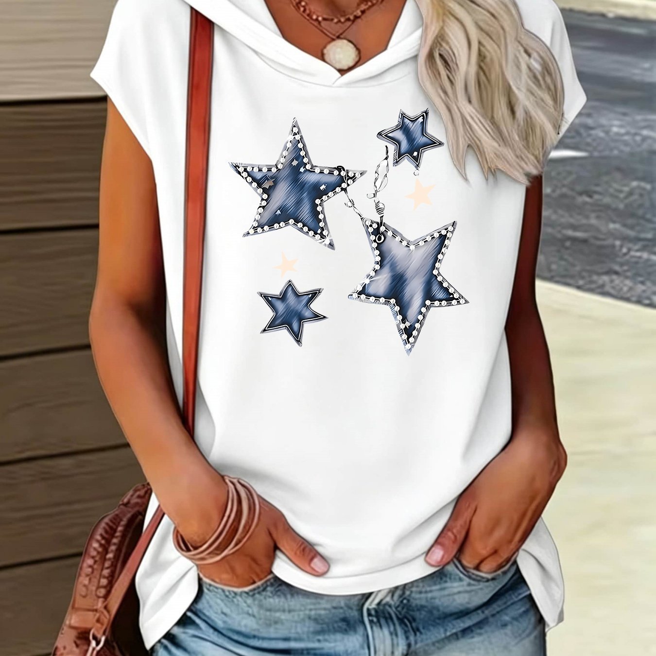 TEMU [printed Pants - Not Denim Fabric] Women's Summer Denim Style Sleeveless Hooded T-shirt, Casual Loose Tank Tops, & Daily Wear Tops