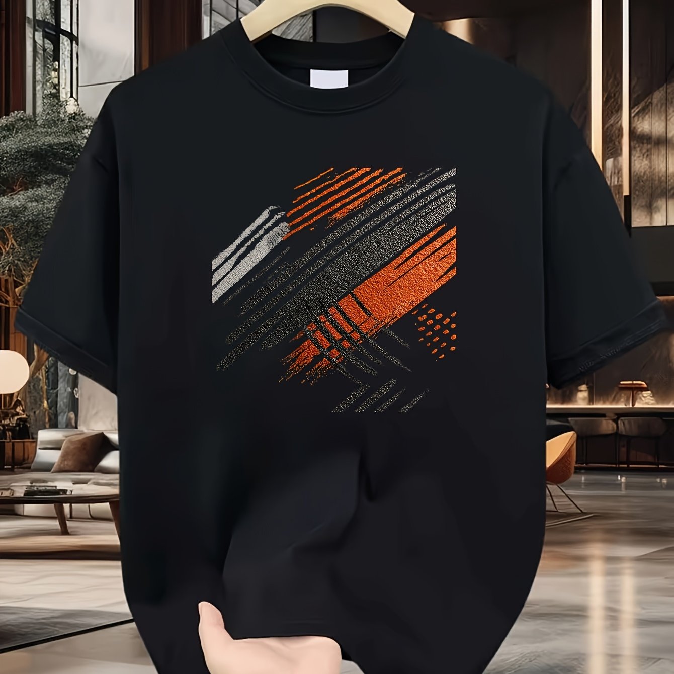 Image of Plus Size Men's Abstract Orange And Graphic T-shirt, Short Sleeve Crew Neck Urban Casual Daily Wear Tee