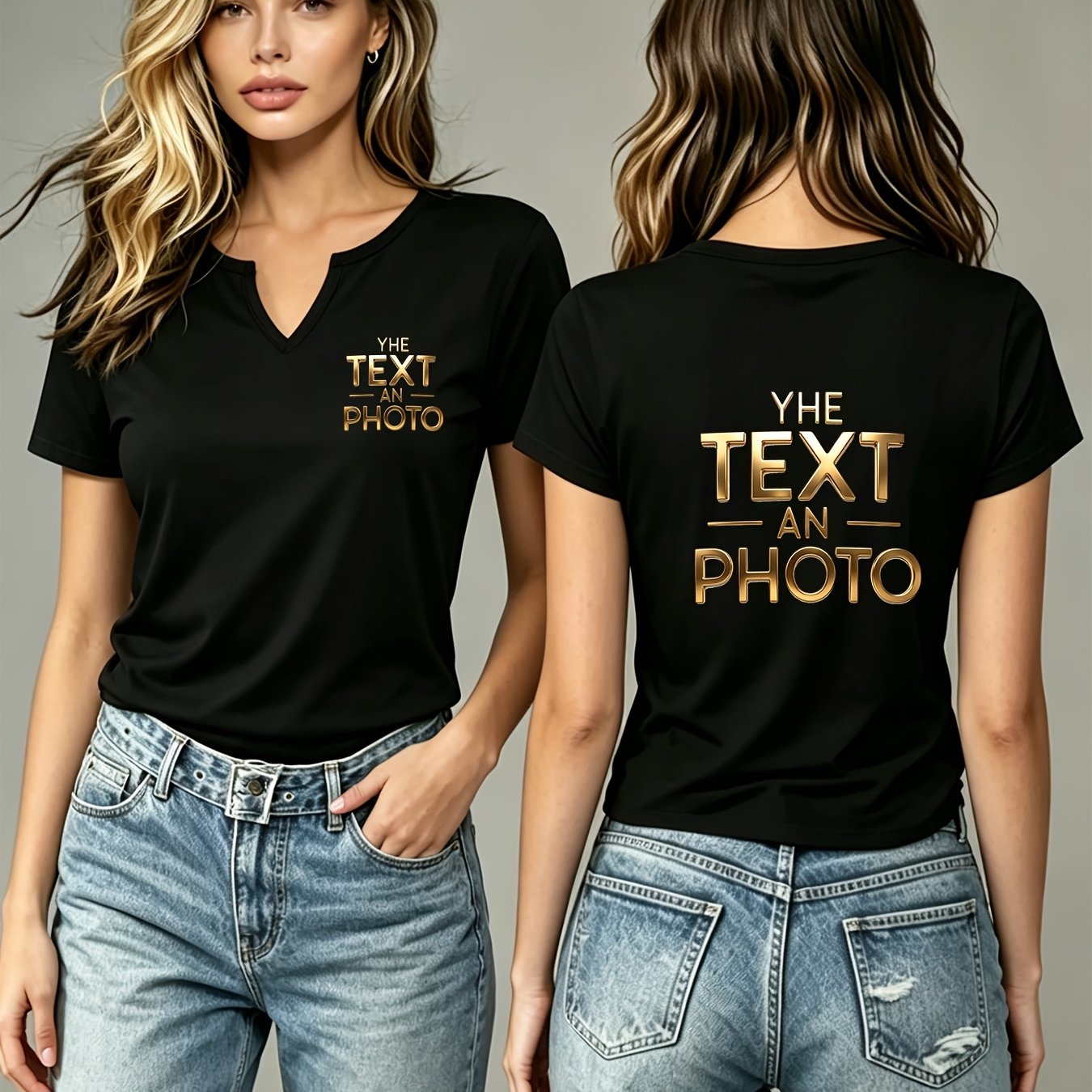 TEMU Women' Custom T-shirt With Double-sided Printing - Small V-neck Short Sleeve Suitable For Back-to, Graduation, Birthday Parties, Pet Photos &