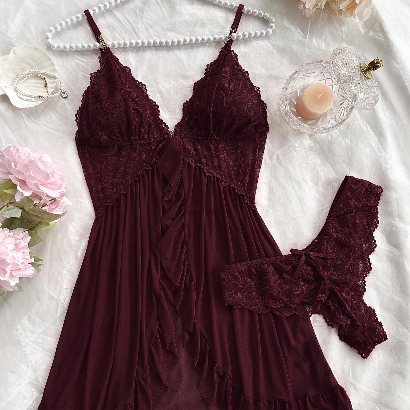 TEMU Women's Plus Size Pajama Set, Solid Color Lace Pajama Set - V-neck, Backless Design, Ruffle Edge Decoration, Diamond Decoration, Fashionable