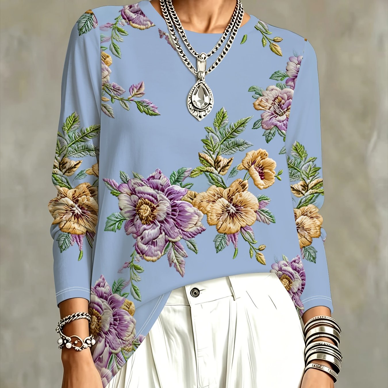 TEMU Women's Printed Blouse Floral Pattern Relaxed-fit Long-sleeve Fashionable Versatile Spring/summer New Elegant Commuter Casual Wear