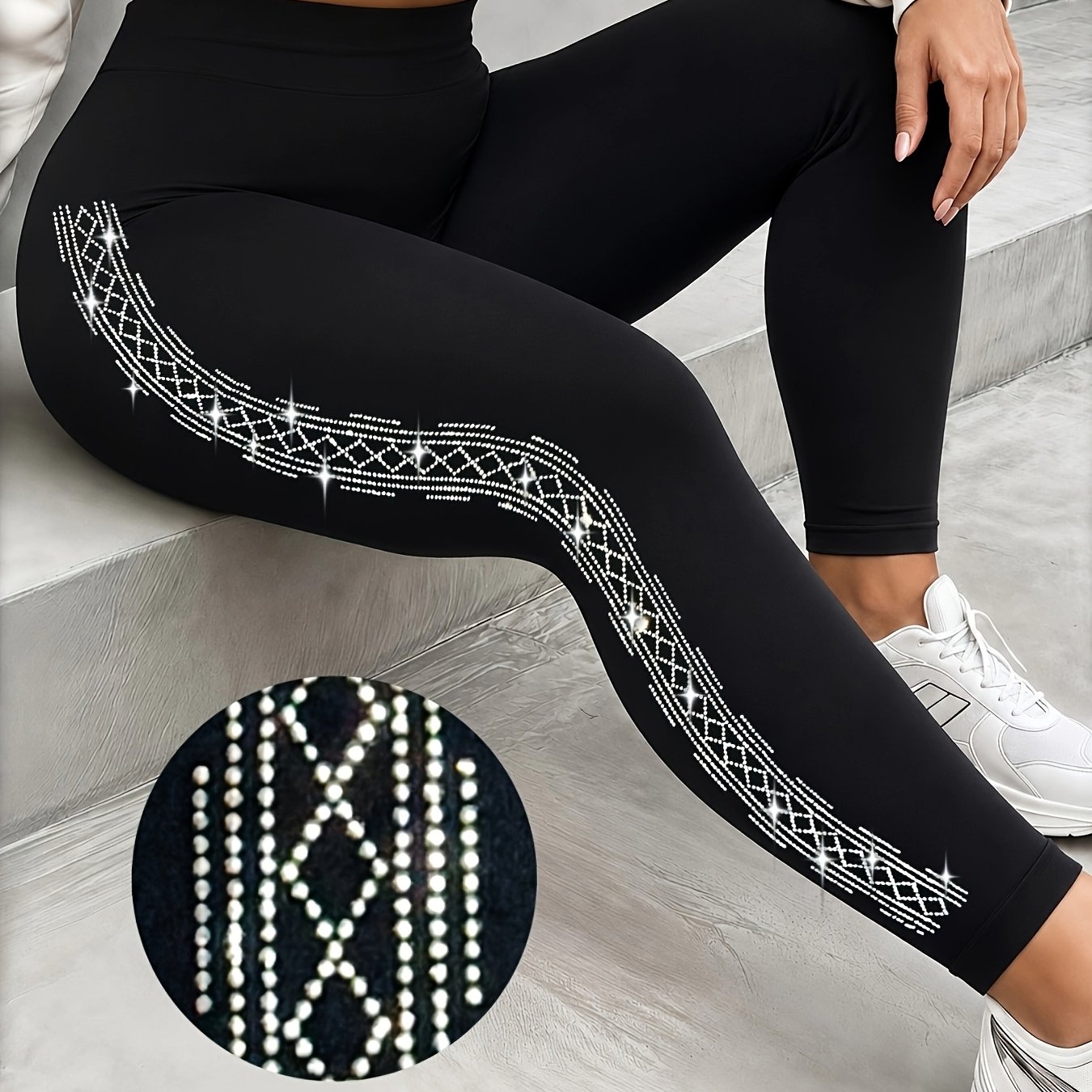TEMU Women's Side Stripe Diamond Sparkly Leggings High Waist Stretchy Breathable Comfortable Fashion Elegant Commuter Pants For Daily Wear Shopping