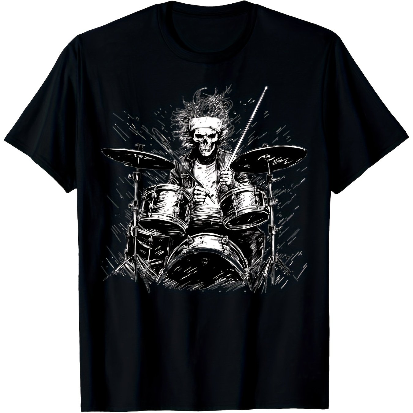 Image of Men' Guitar Rock Band Graphic Black, Casual Short Sleeve Shirt Featuring Skull And Drums Design, Relaxed Fit, Suitable For , Crew Neck, Slightly Stretchy Material, Long-lasting Print For Music Lovers
