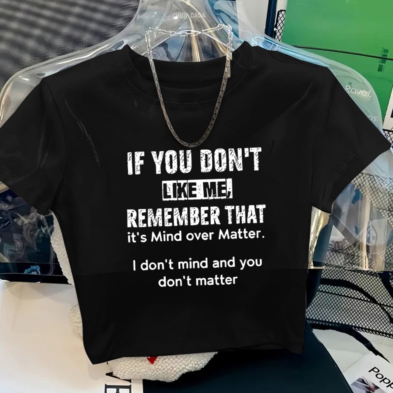 TEMU Women's Short Cropped T-shirt, Slim Fit, Round Neck, Short Sleeves, Personalized Slogan, English "'t Mind And You Don't " Attitude , Easy And