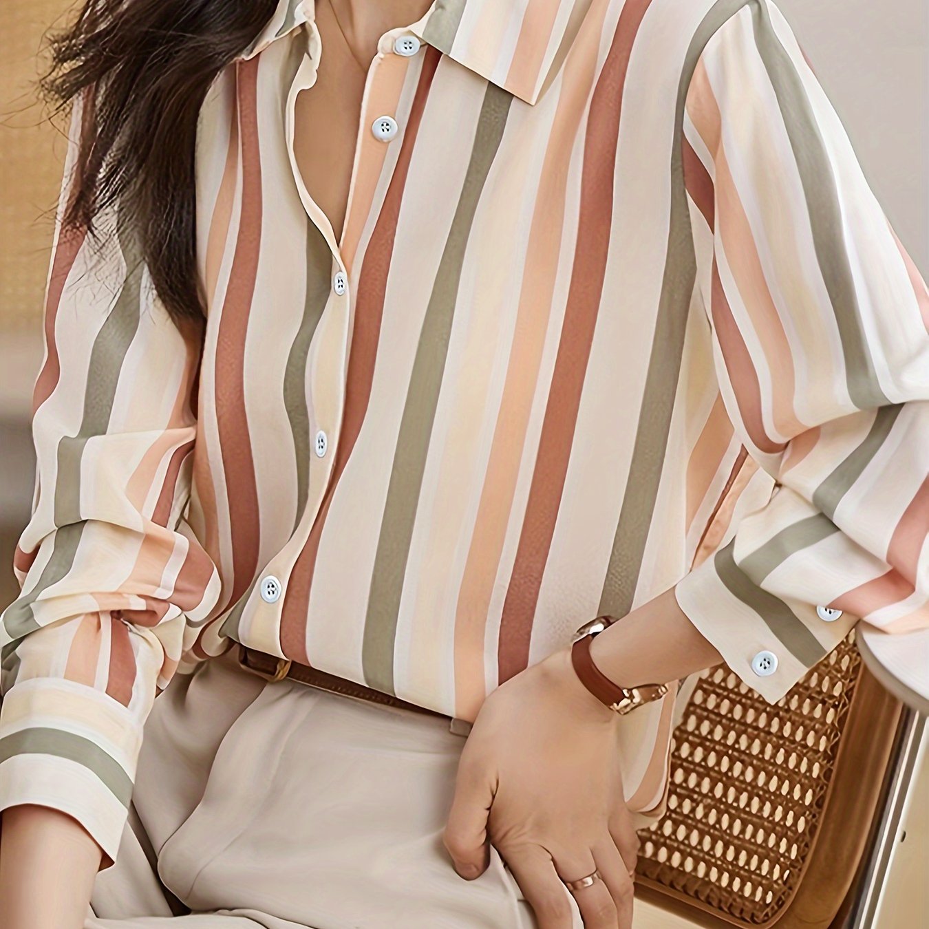 TEMU Striped Print Button Front Shirt, Vintage Long Sleeve Shirt For Spring & Fall, Women's Clothing