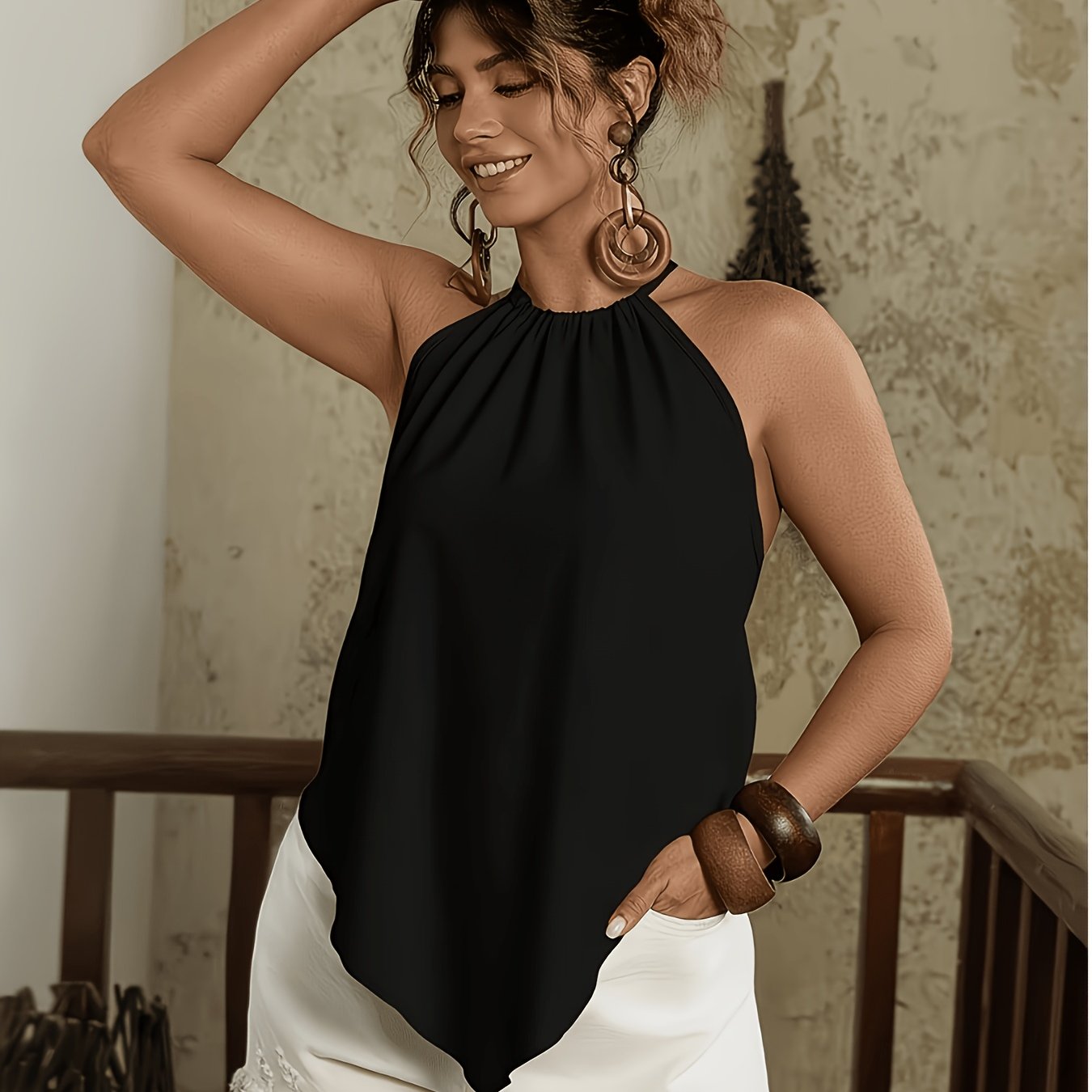 TEMU Chemise style vacances d'été à col licou, haut manches à ourlet irrégulier, vêtement d'extérieur ample et à dos nu, adapté pour les boîtes de