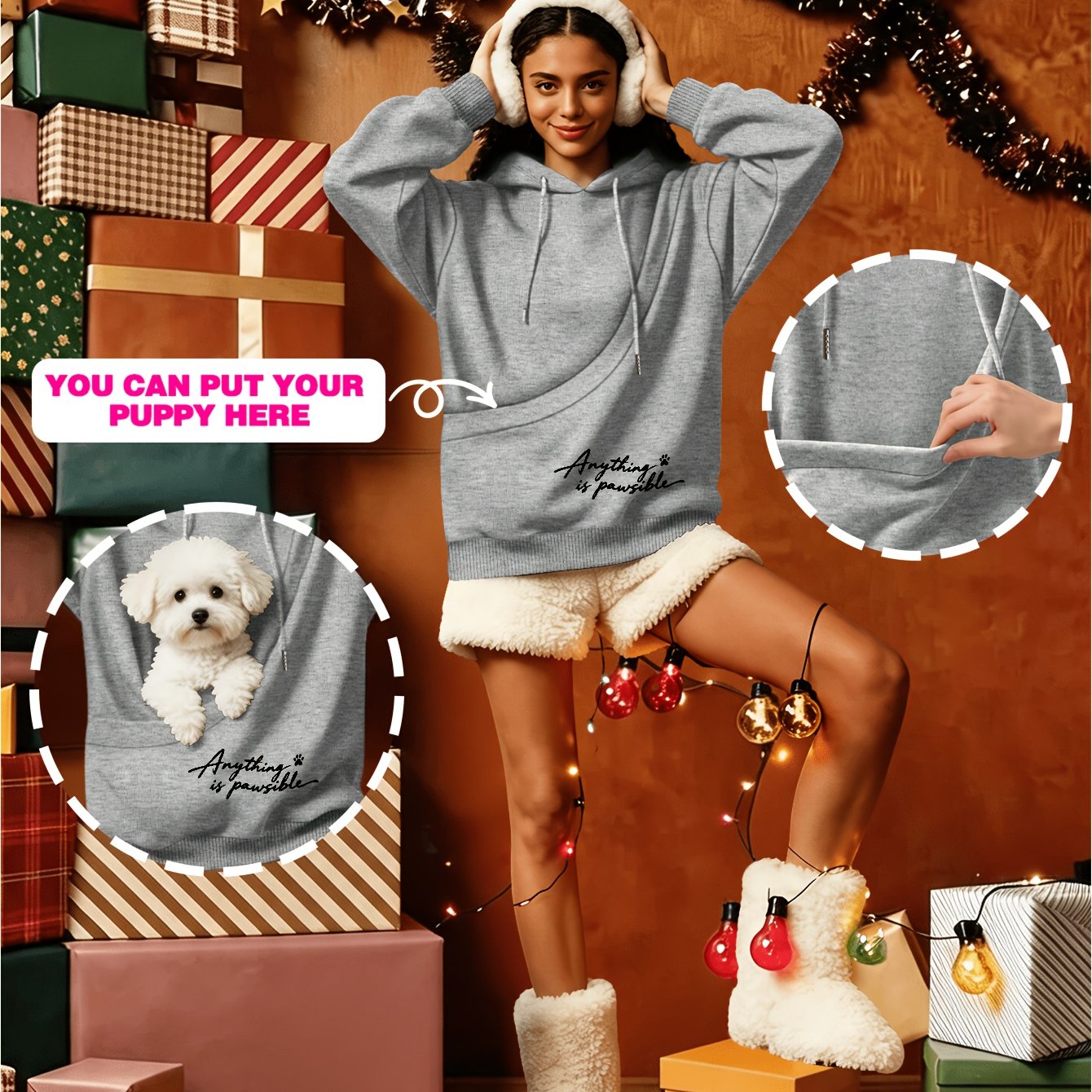 TEMU Women's Loose Fit -lined Hooded Sweatshirt With Printed , For Pet Lovers, Built-in Pet Carrying Pocket, Soft And Comfortable, -lined For ,
