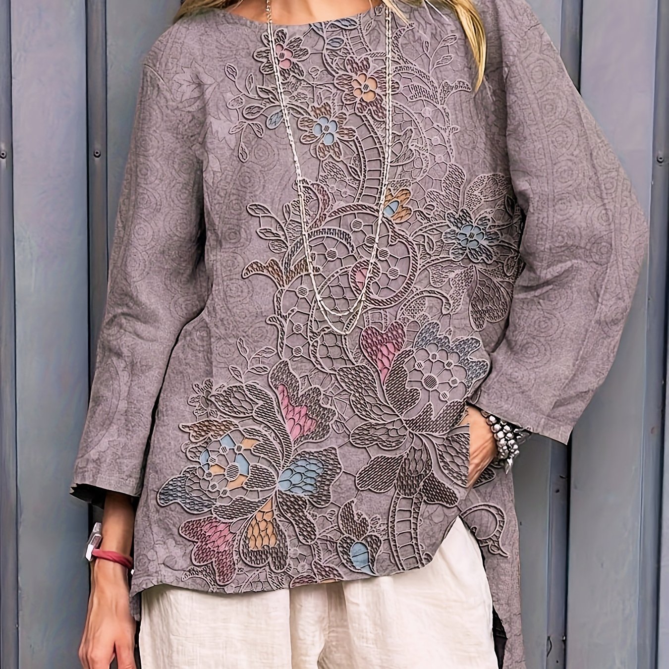 TEMU Blusa étnica vintage para mujer con estampado floral, de 8 pulgadas, diseño estampado – No texturizada