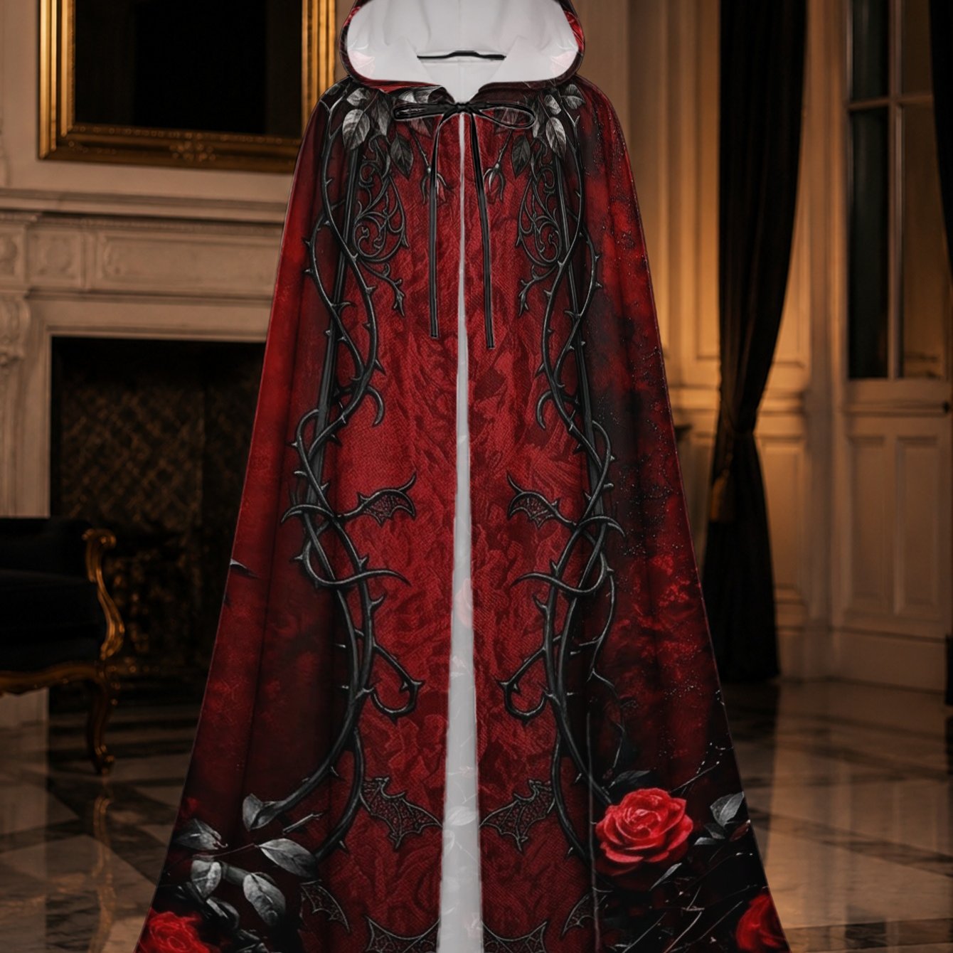 TEMU Capuche 2D Plat 1pc pour Halloween avec Motif Gothique de Roses Rouges et - Léger et Fluide - pour d'Halloween, Masquerade Effrayante, pour