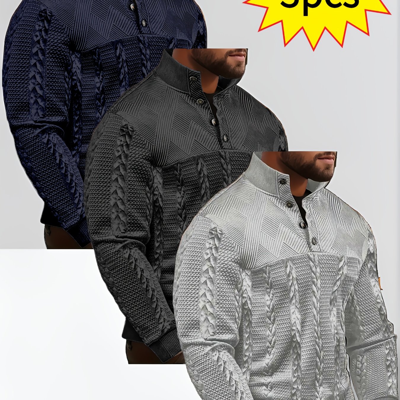 TEMU 3pcs Men's Long Sleeve Henley Shirts, Autumn Winter Button- Jacquard Pullover Sweatshirt For Outdoor Casual Knitwear