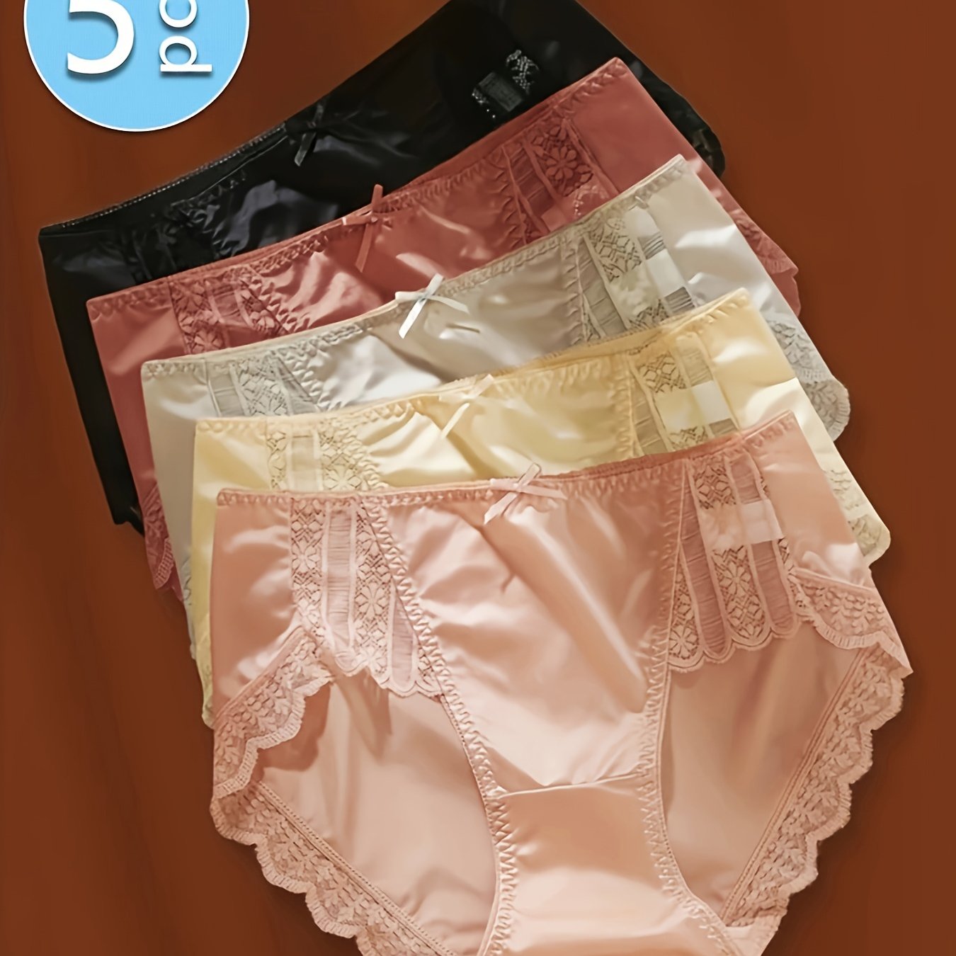 TEMU Set Of 5 Lace Decorative Satin Triangle Panties, Sexy Comfortable Breathable Stretchy Underwear, Women's Lingerie And Undergarments