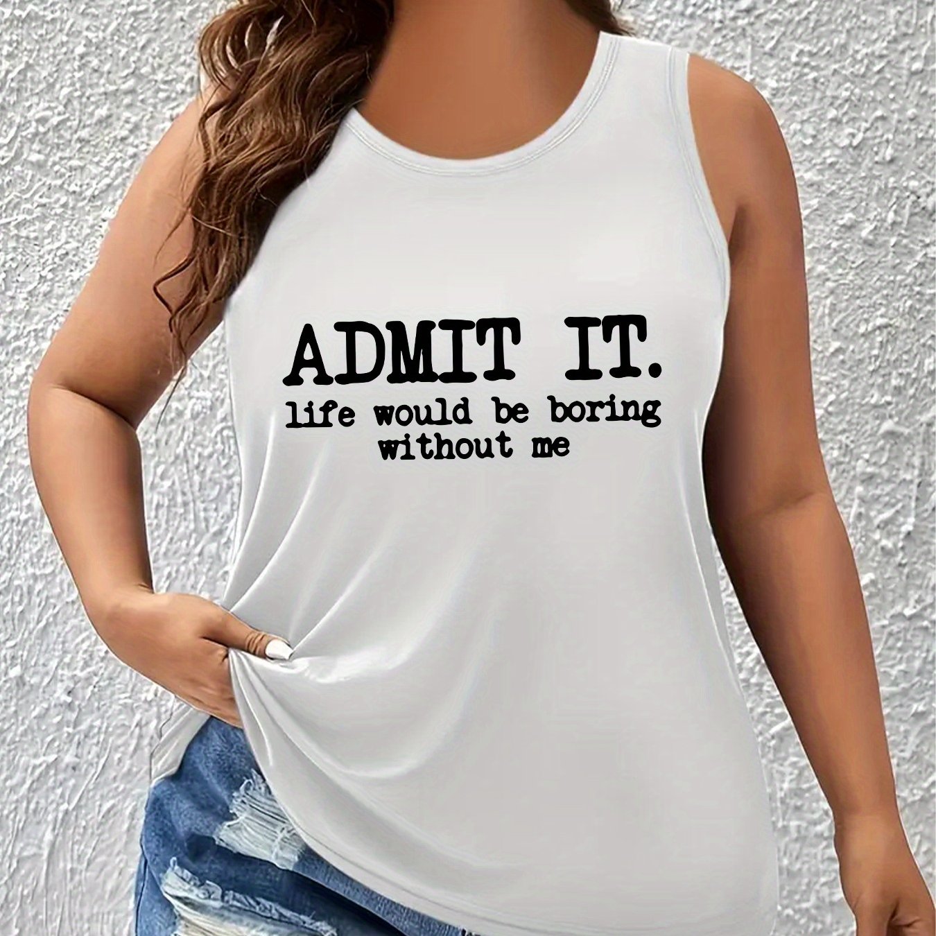 TEMU Women's Plus Size " It. Life Boring Without Me" Graphic Tank Top - Casual Crew Neck, Short Sleeve, Lightweight & Stretchy, Wear, Casual Attire|