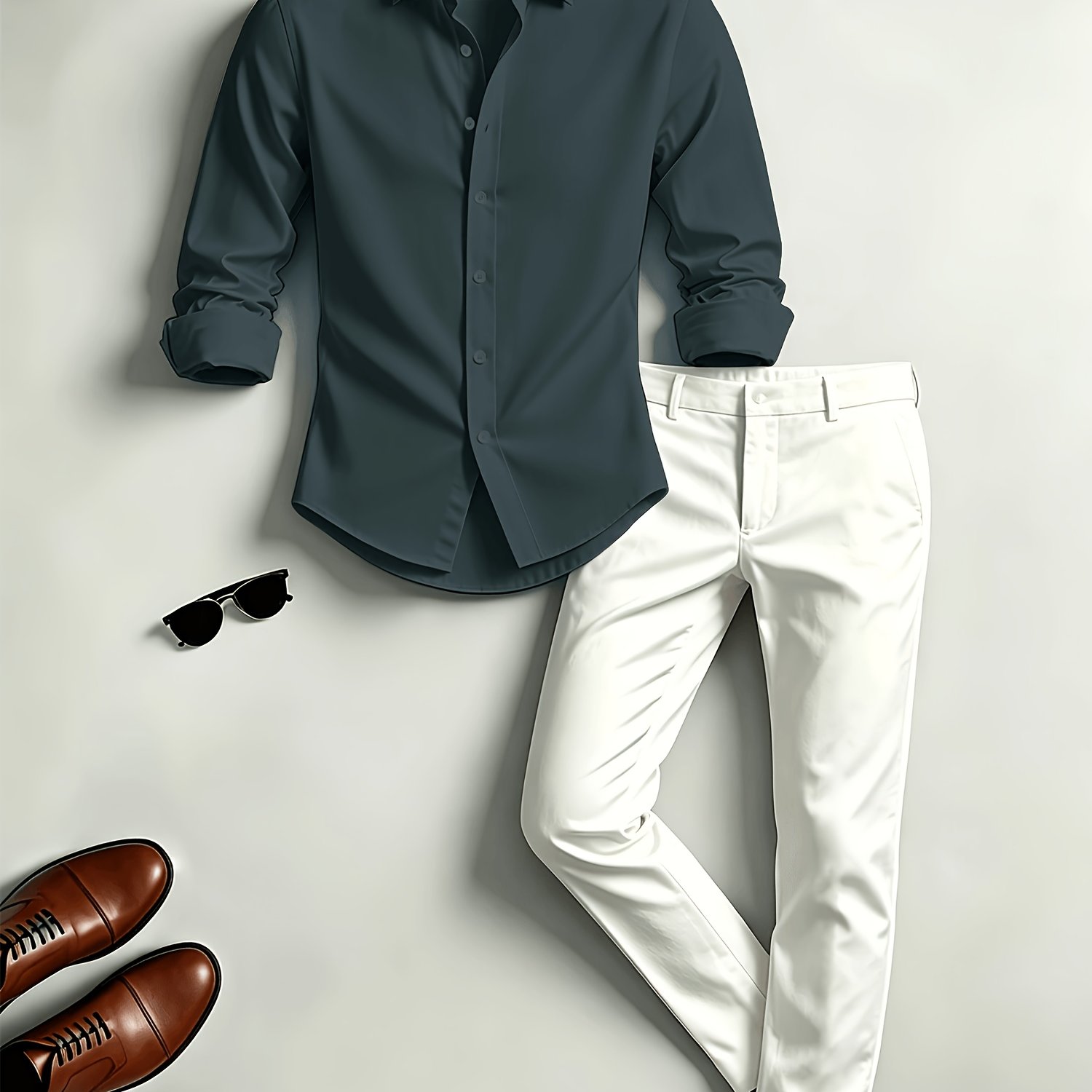 Image of Men's Elegant Two-piece Set, Solid Color Lapel Button- Long Sleeve Shirt And Straight-leg Casual Trousers, Smooth And Breathable Fabric, Regular Fit, Suitable For Casual, Office, And Banquet Occasions