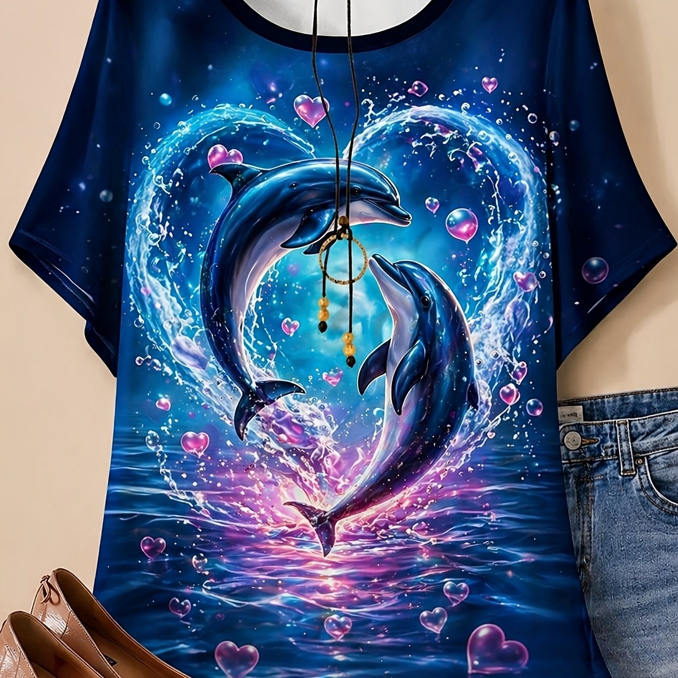 TEMU Plus Size - Plus Size - Plus Size Women's T-shirt Bubbles Love Pattern High Elasticity And Dolphin Hearts Perfect Gift Creative Print Short