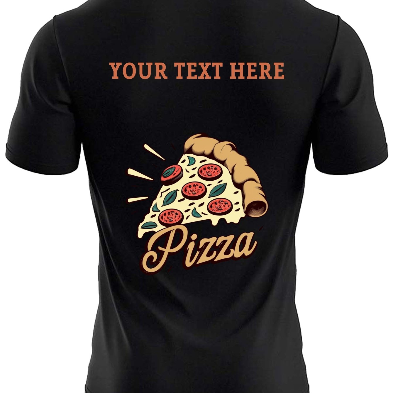 TEMU T-shirt pour homme semi-couturé personnalisé avec un motif de pizza vintage, présentant votre personnalisé imprimé en blanc sur le devant