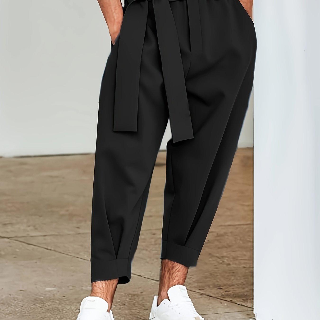 Spring Men's Loose Solid Color Ankle Pants With Belt Decoration, European And Men's Casual Pants, Plus Size
