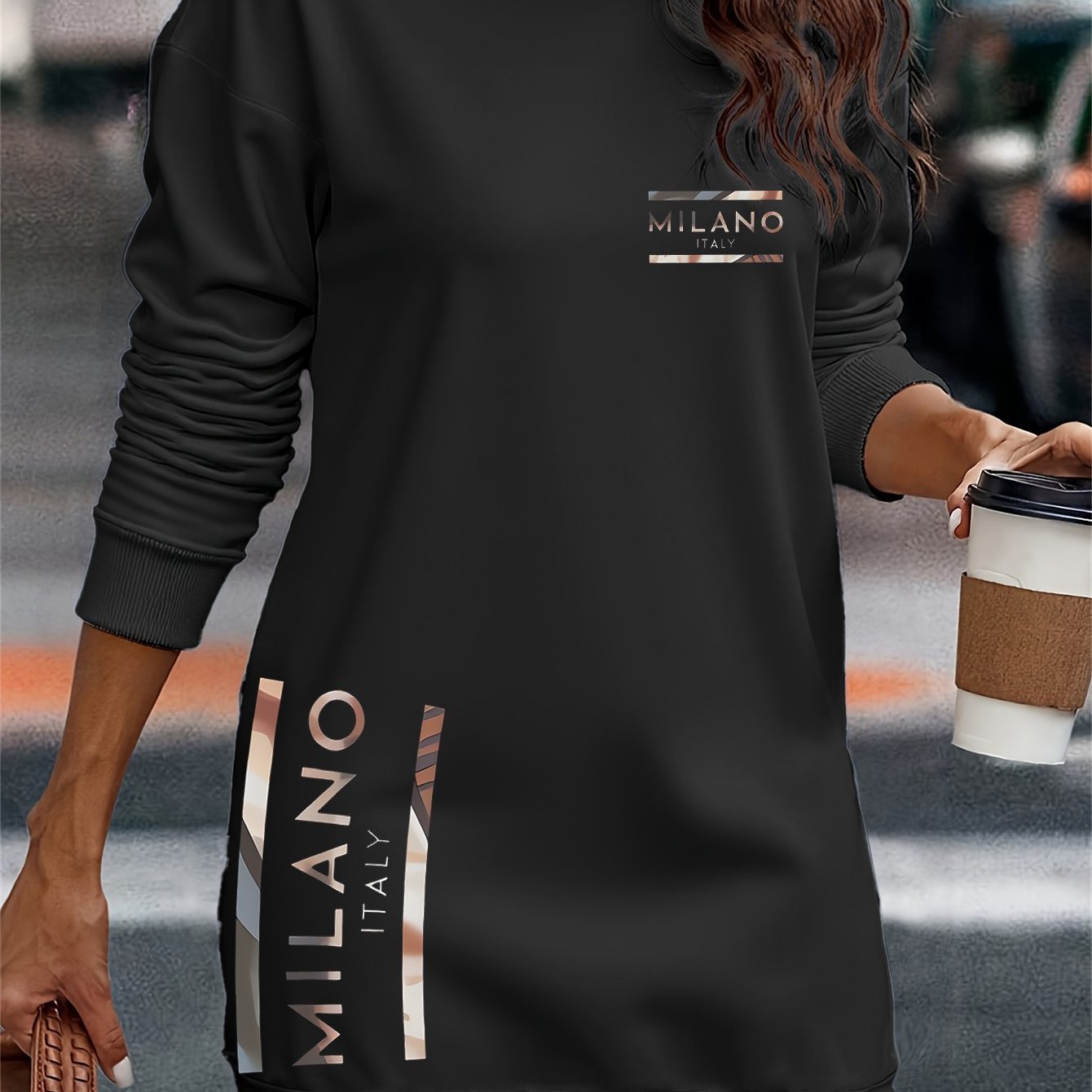 TEMU Sweat à capuche , robe sweatshirt, style décontracté pour femmes, coupe , impression par transfert thermique, poignets et ourlet en côtes