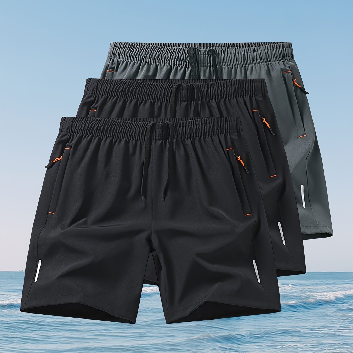 TEMU 3-pc Men's Outdoor Sports Casual Shorts, Solid Color Printed Zipper Pocket Shorts, Breathable Quick-dry Athletic Shorts