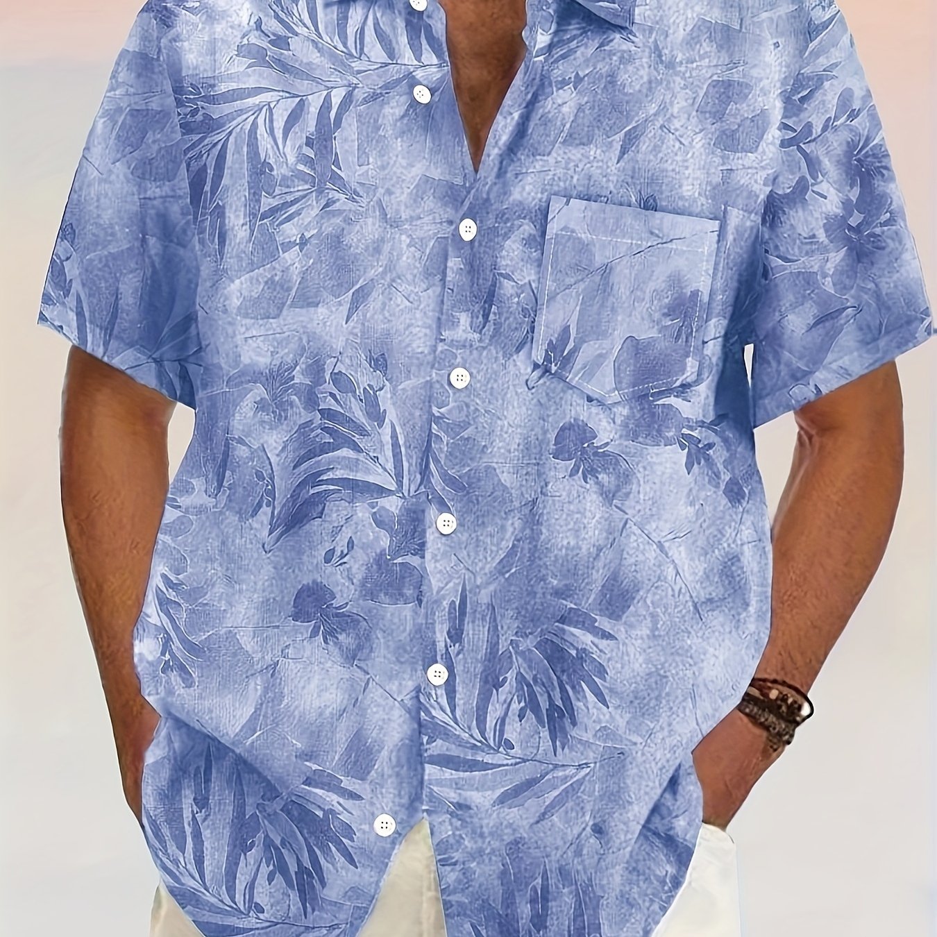 TEMU Summer Men's Casual Shirt Hawaiian Floral Leaf 3d Printed Short Sleeve Button-up Pocket Shirt