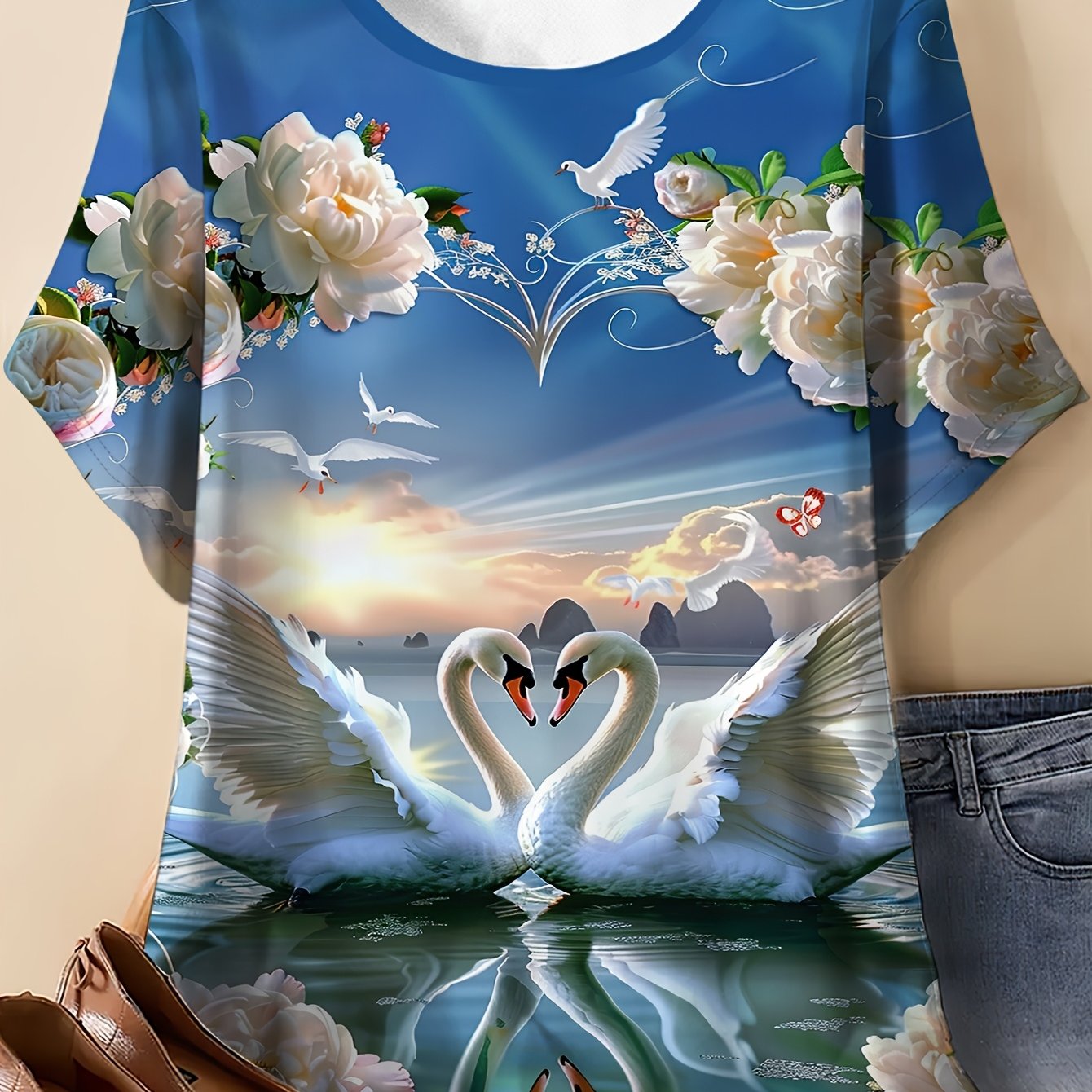 TEMU Plus Size - Plus Size - Women'   Floral Pattern Printed T-shirt - Casual Short-sleeve Round-neck Top, Featuring Art Design, Breathable And