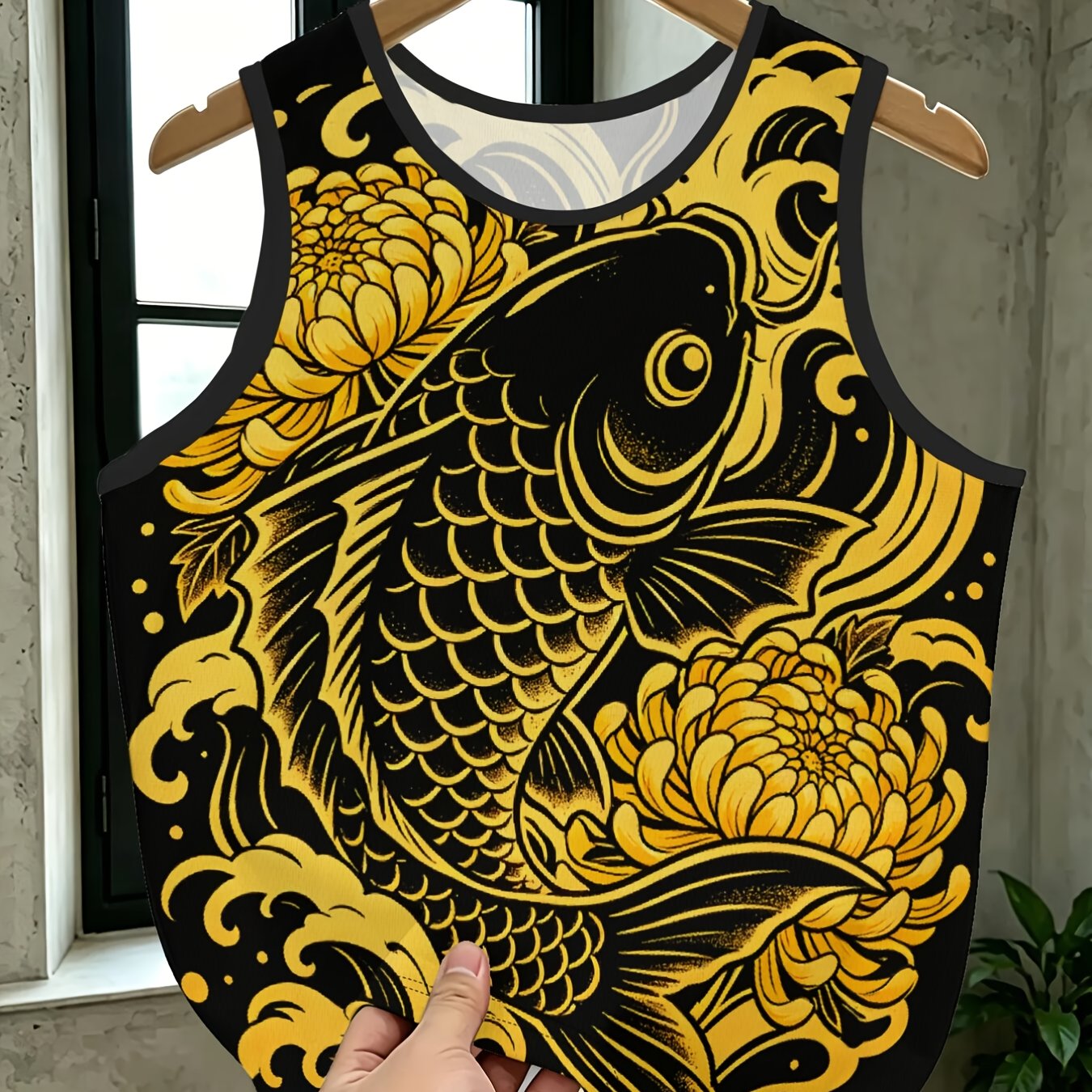TEMU 1pc Men's Breathable Mesh Vest Golden Chrysanthemum Koi Digital Printed Neck Versatile Sleeveless Top For Summer
