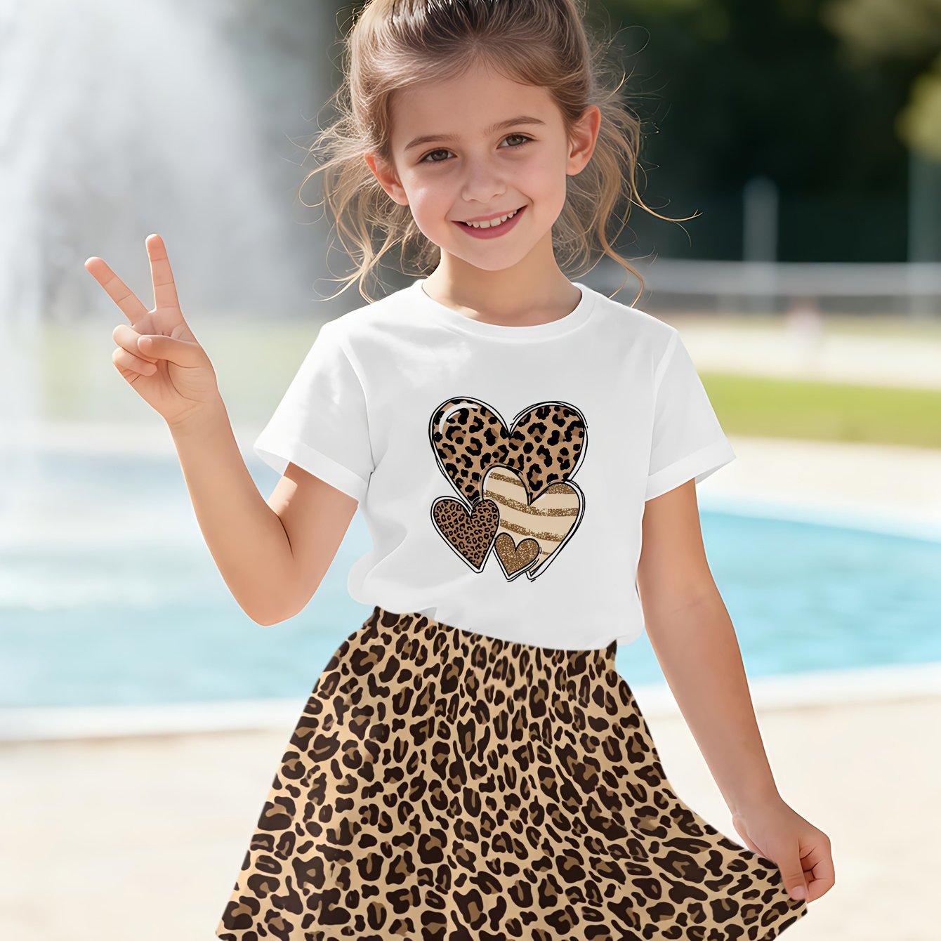 Image of Fashion Girls' 2pcs Set, Cartoon Leopard Print Heart Pattern T-shirt And Skirt - Summer Round Neck Short Sleeve Top And Short Skirt, Cute Half Skirt, Outdoor Casual Wear