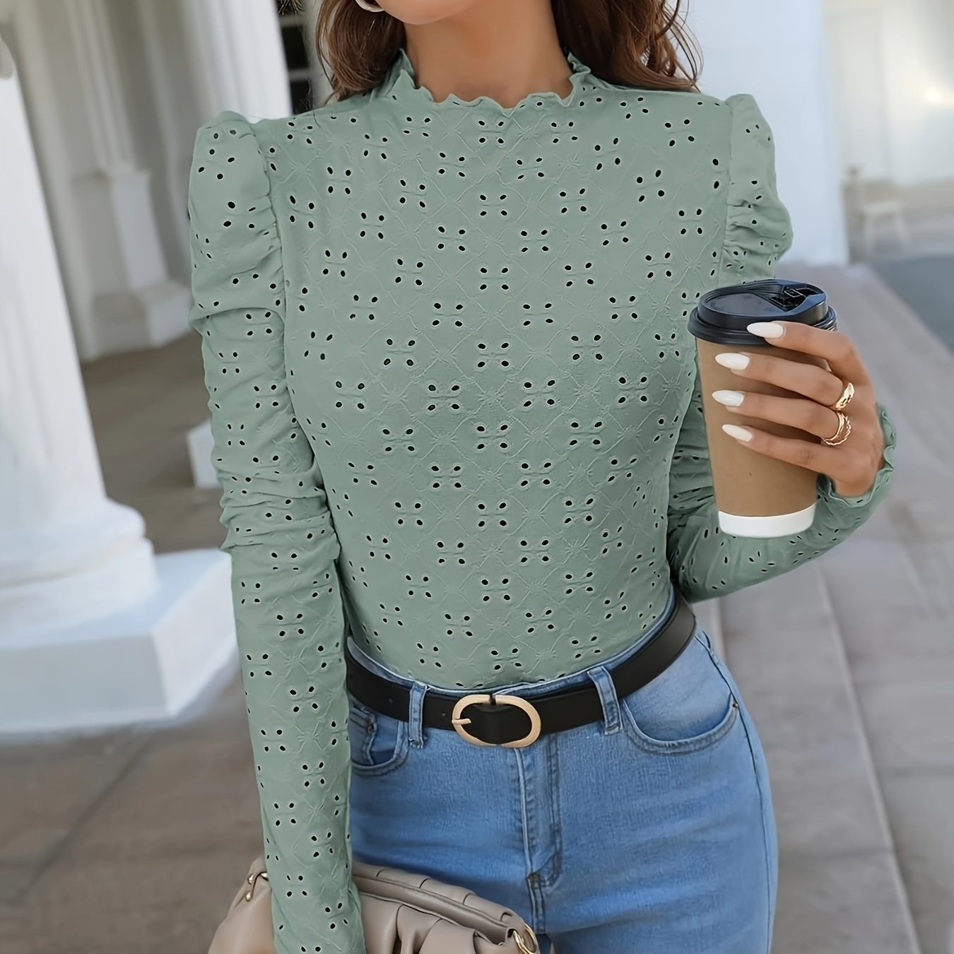 Image of Hollow-out Puff Sleeve Hooded Long Sleeve Top