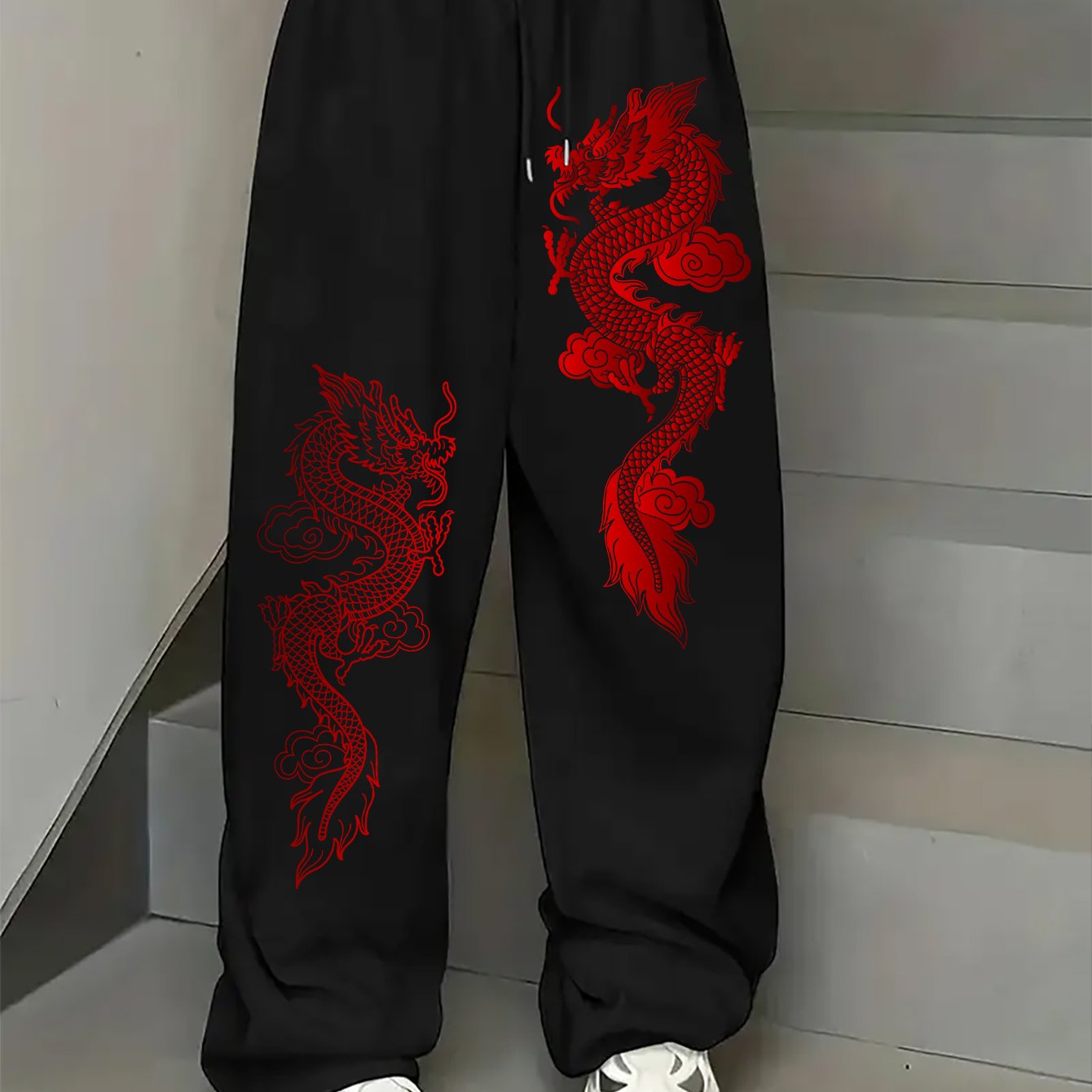 TEMU Casual Athletic Long Pants, Red Dragon Print Elastic Waist Drawstring Wide Straight Trousers, Pocket Women's Pants