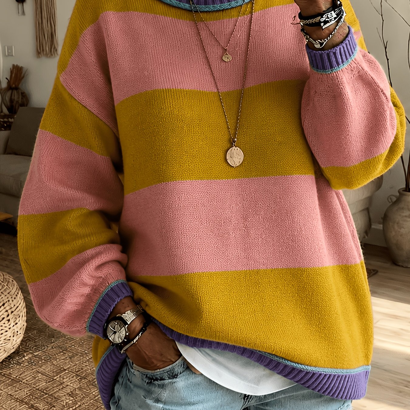 TEMU Plus Size, Plus Size Women's Color Block Striped Sweater, Yellow And Neck Long Sleeve With Contrast Ribbed Trim, Autumn/winter Top
