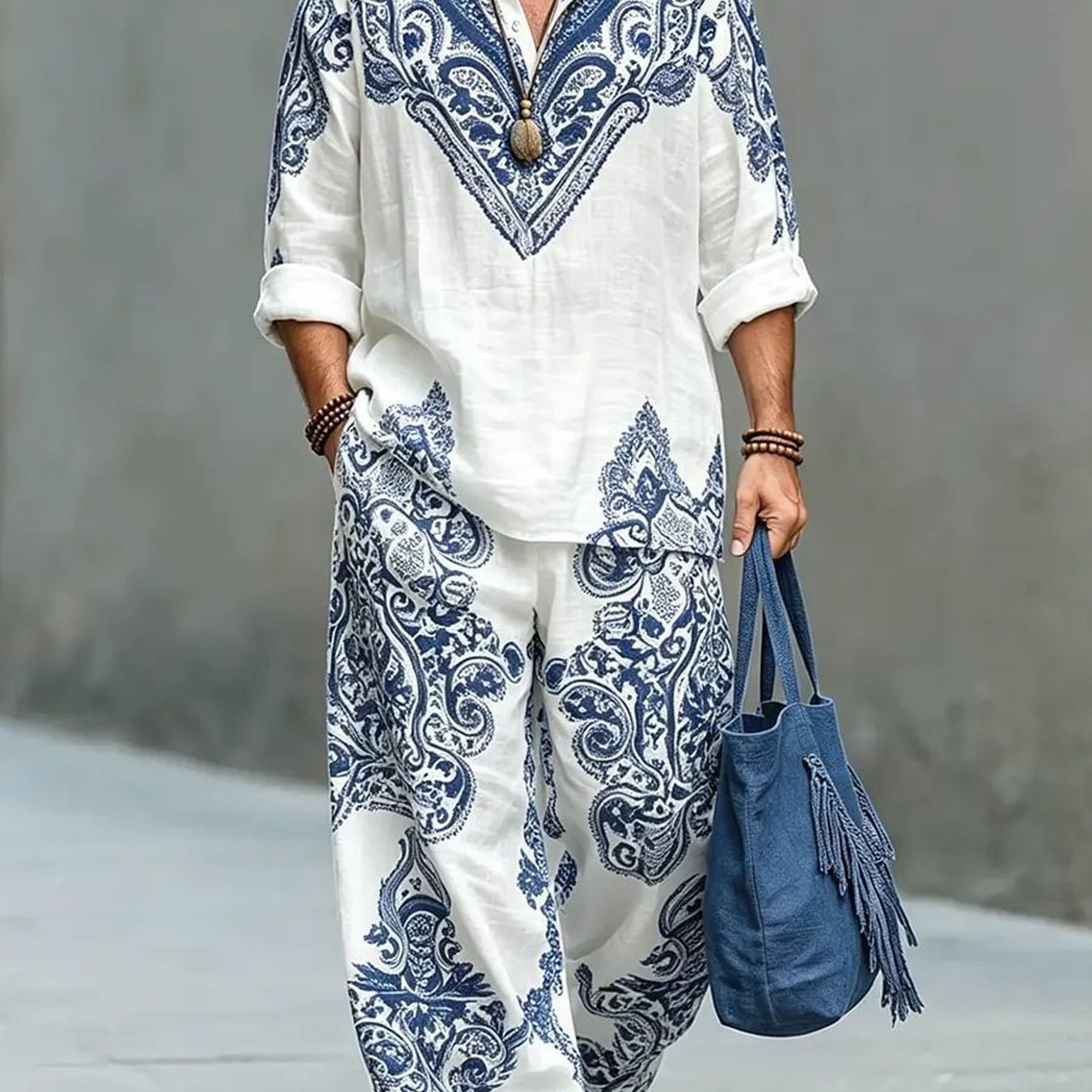 Image of Standard Size Men's Loose Two-piece Set - 's Clothing, Vintage Ethnic Style Casual Printed Long-sleeve Shirt And Wide-leg Pants Set, Loose Men'-piece Set