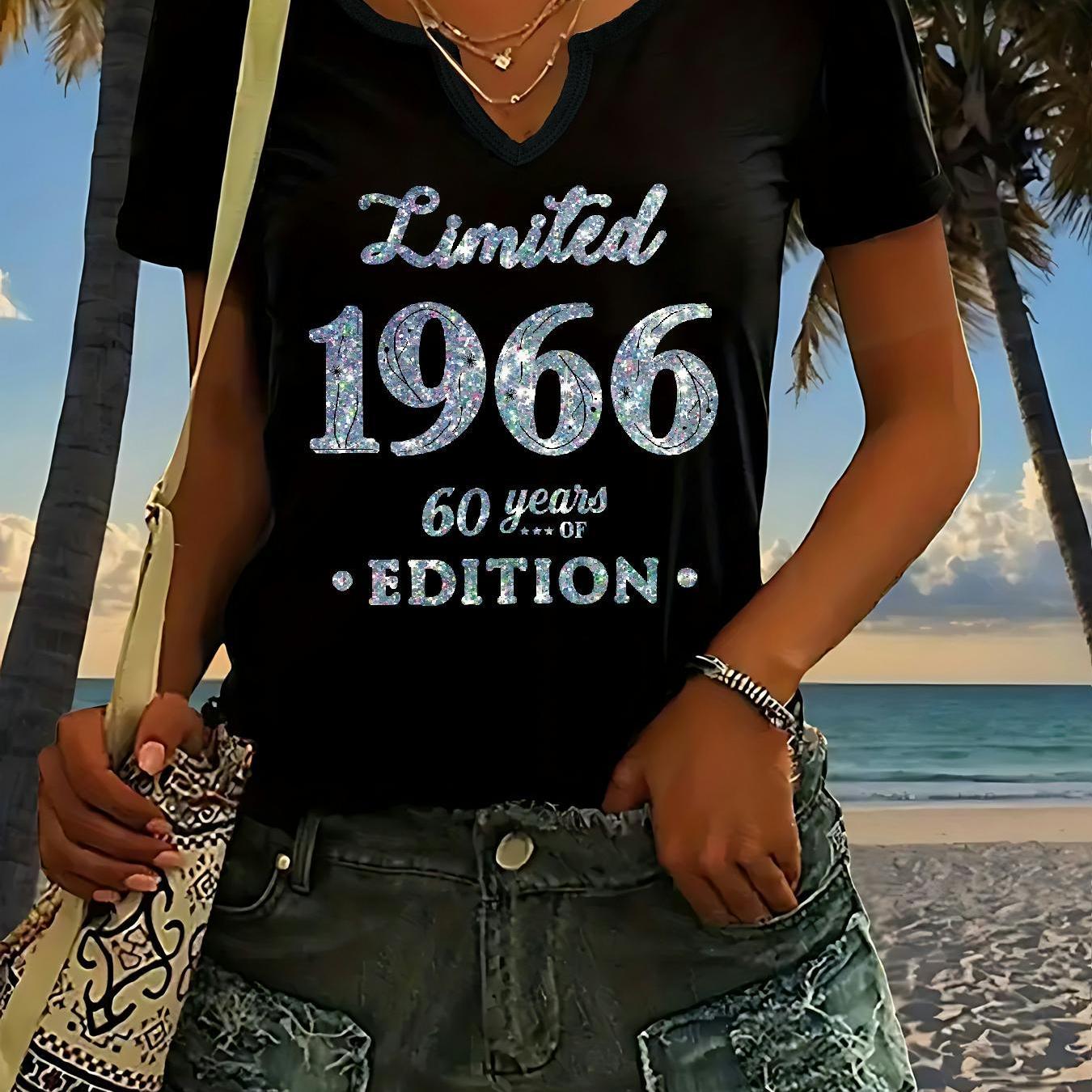 TEMU Women's 1966 60th Anniversary Edition T-shirt - Soft Lightweight -neck Short Sleeve Top With Edition Numbered 1966 Print, Casual Spring Summer