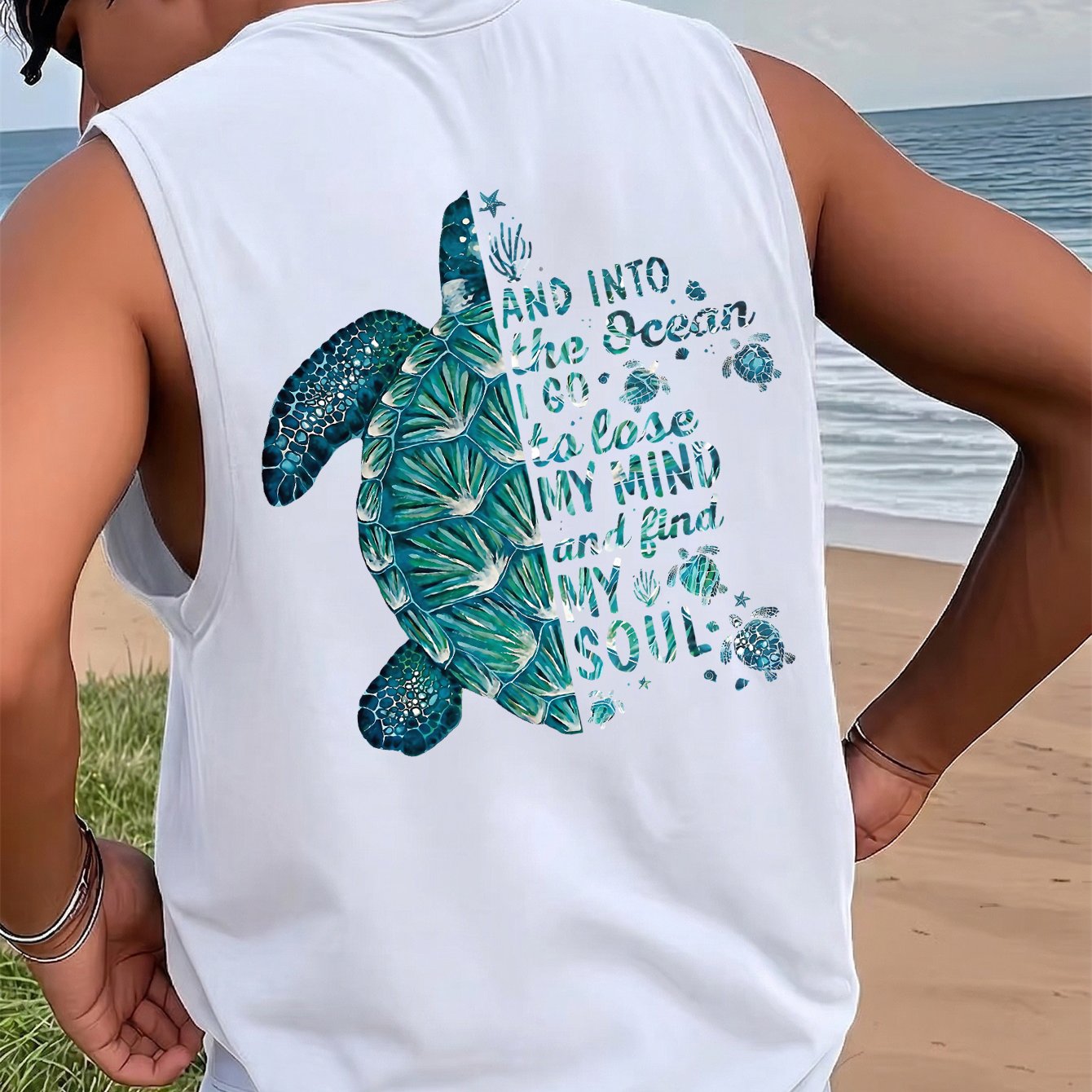 TEMU Men's Sleeveless Tank Top With Sea Turtle Print & And Ocean - Wrinkle-resistant High-stretch Fabric, Relaxed Fit Swim Shirt Suitable For Beach,
