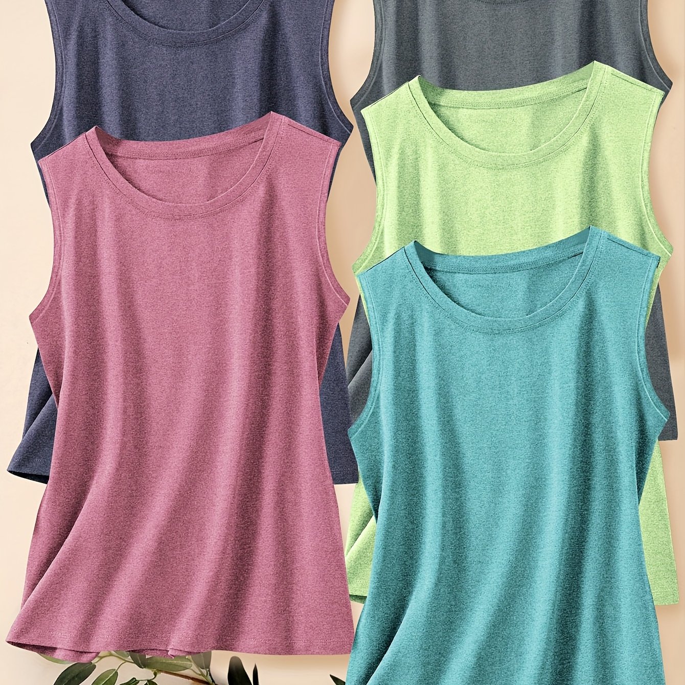TEMU 5pcs Women's Vest Tops, Plain Round Neck Sleeveless Shirts For Spring, Summer, And Fall - Stylish Casual Retro Style Versatile Casual Attire In