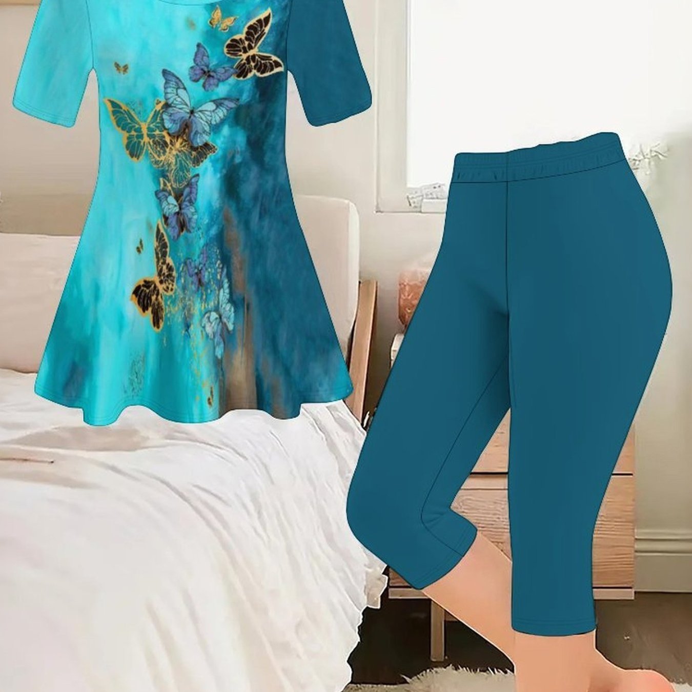 Plus Size - Plus Size - Plus-size Women's Pattern Print, Round Neck Short Sleeve + Cropped Pants 2pcs Set, For Elegant Women's And Match