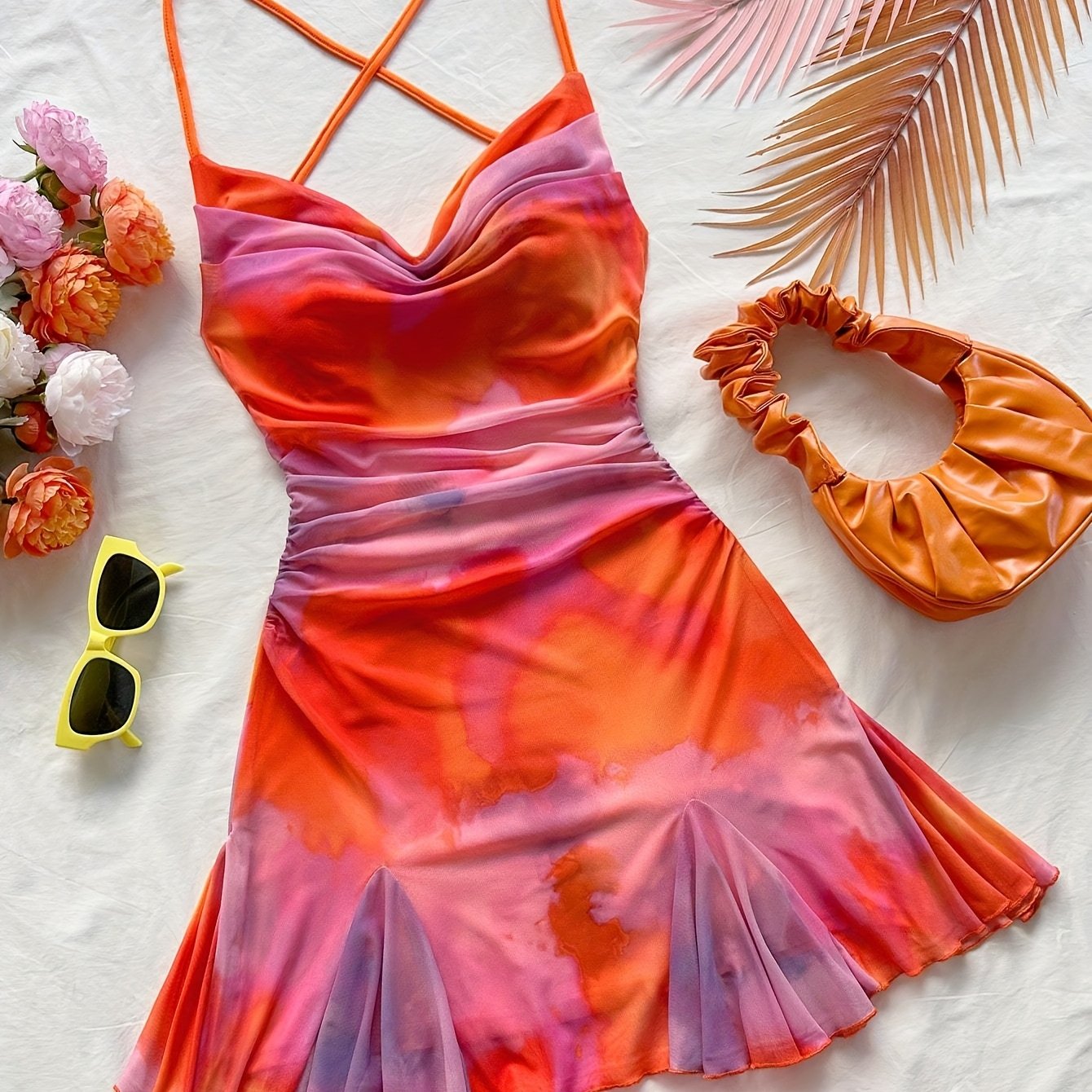 E-shop Damen Batik-Minikleid im Urlaubsstil, mit Schnürung, offenem Rücken, Schleife Fischschwanzsaum, Stil