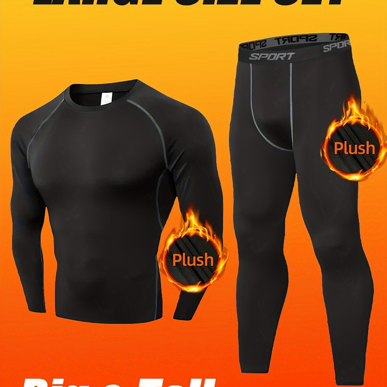Image of Plus Size Men's Thermal Underwear Set: Quick- + High-elasticity Breathable Compression Leggings, Ideal For Outdoor Sports And Home , Plus Size, Winter Clothes For Men