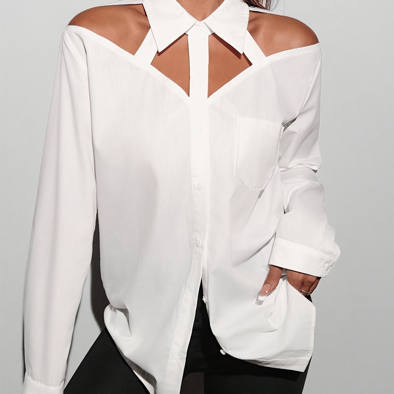 Women' Color Hollow-out Lapel Long Sleeve Shirt